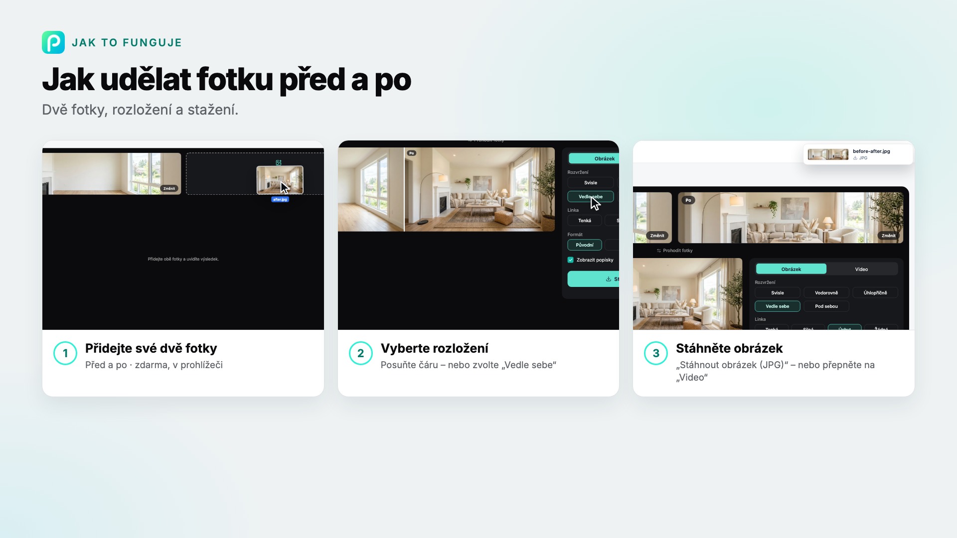 Kroky nástroje Před a po v Pixly se snímkem každého z nich