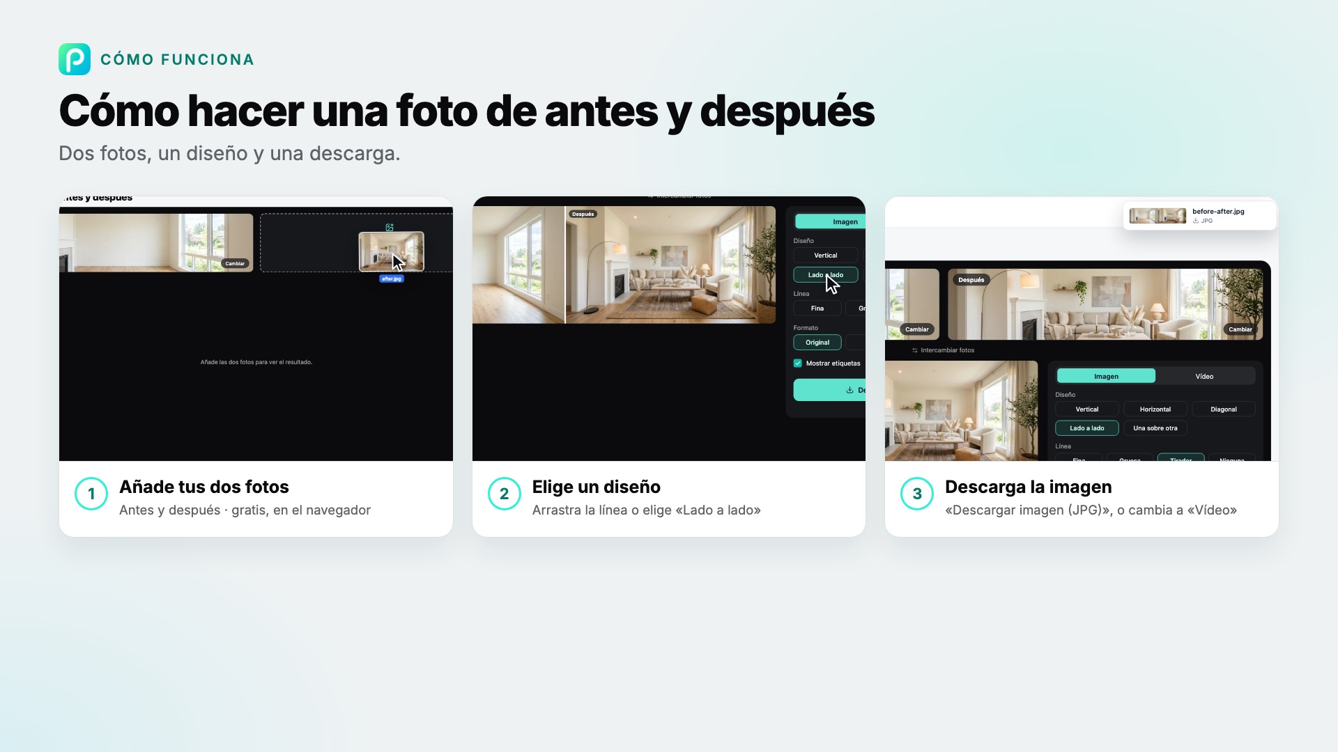 Los pasos de Antes y después en Pixly, con capturas de cada uno