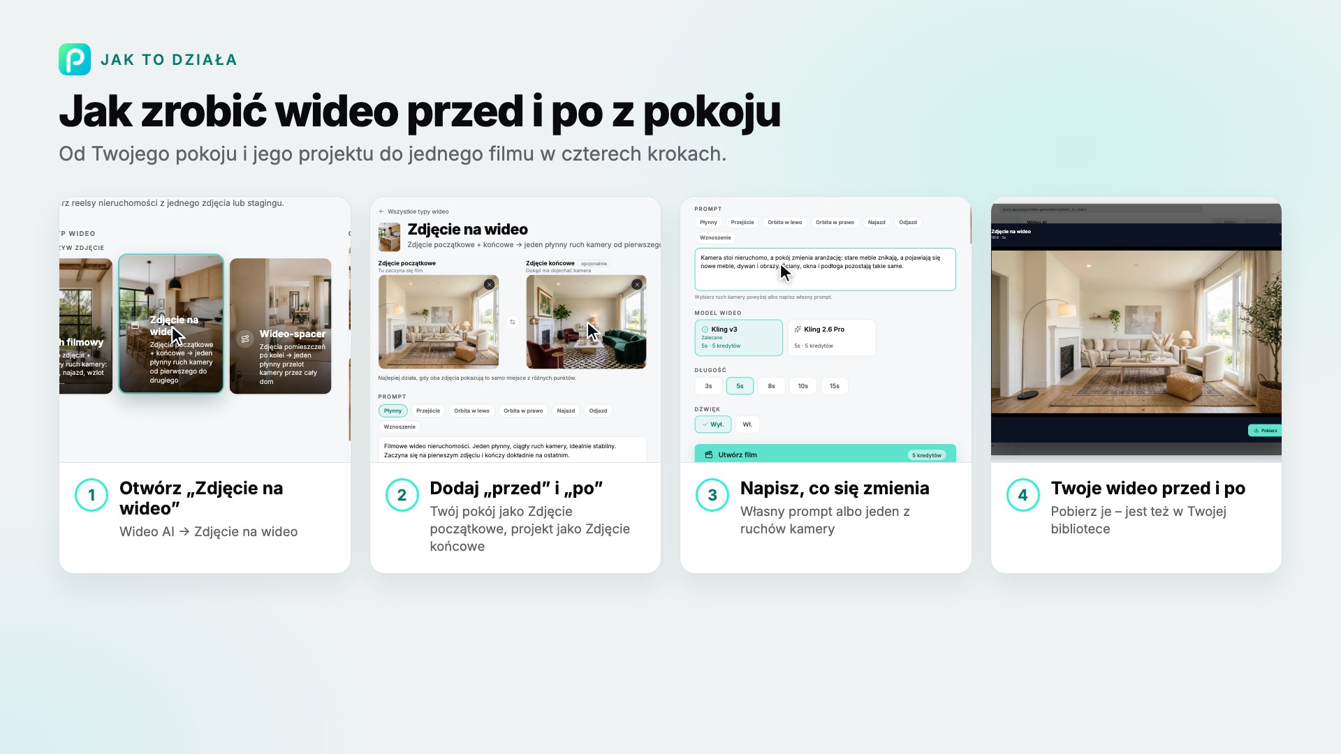 Kroki narzędzia „Zdjęcie na wideo” w Pixly, ze zrzutem ekranu każdego
