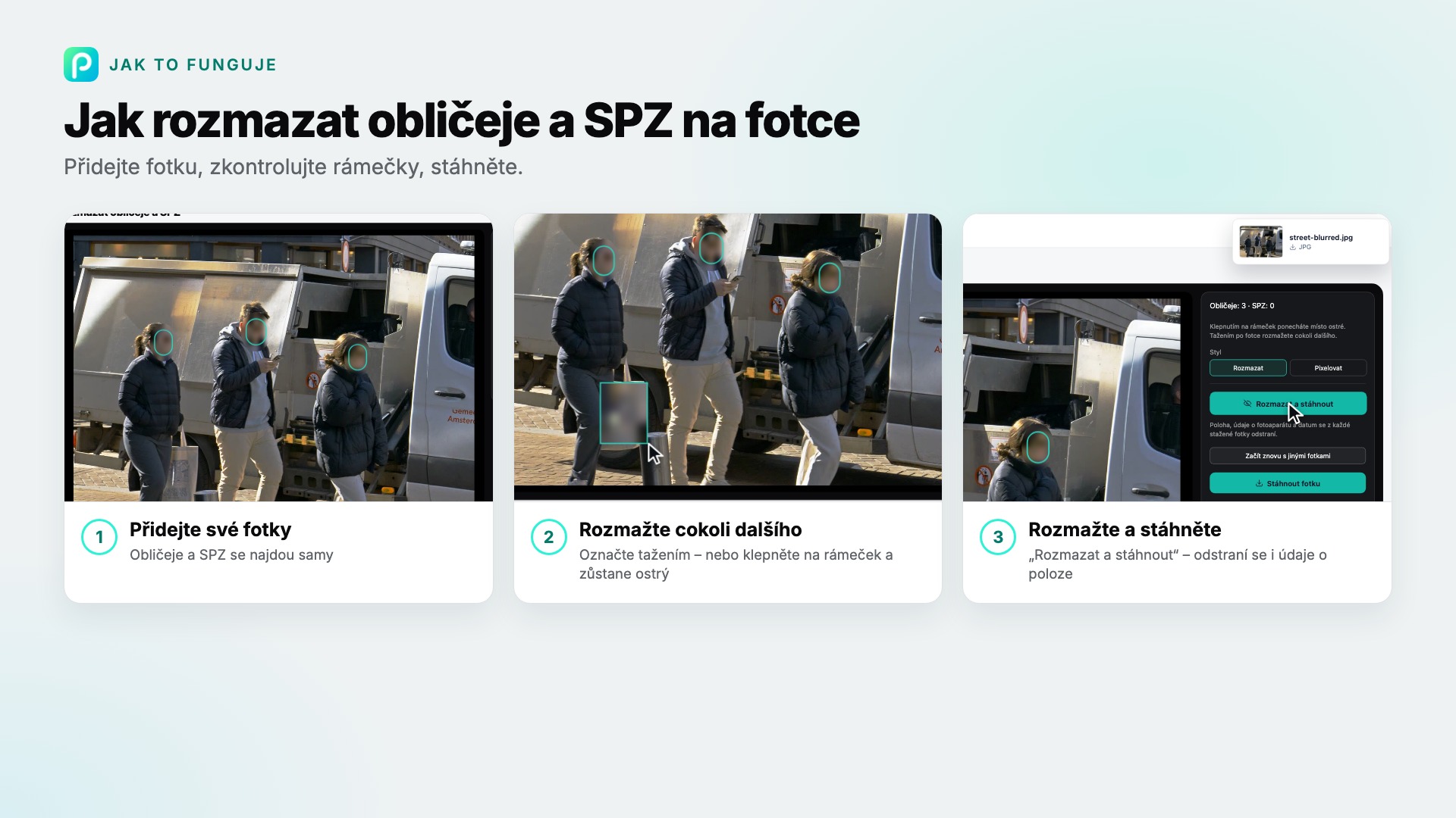 Kroky nástroje Rozmazat obličeje a SPZ v Pixly se snímkem každého z nich