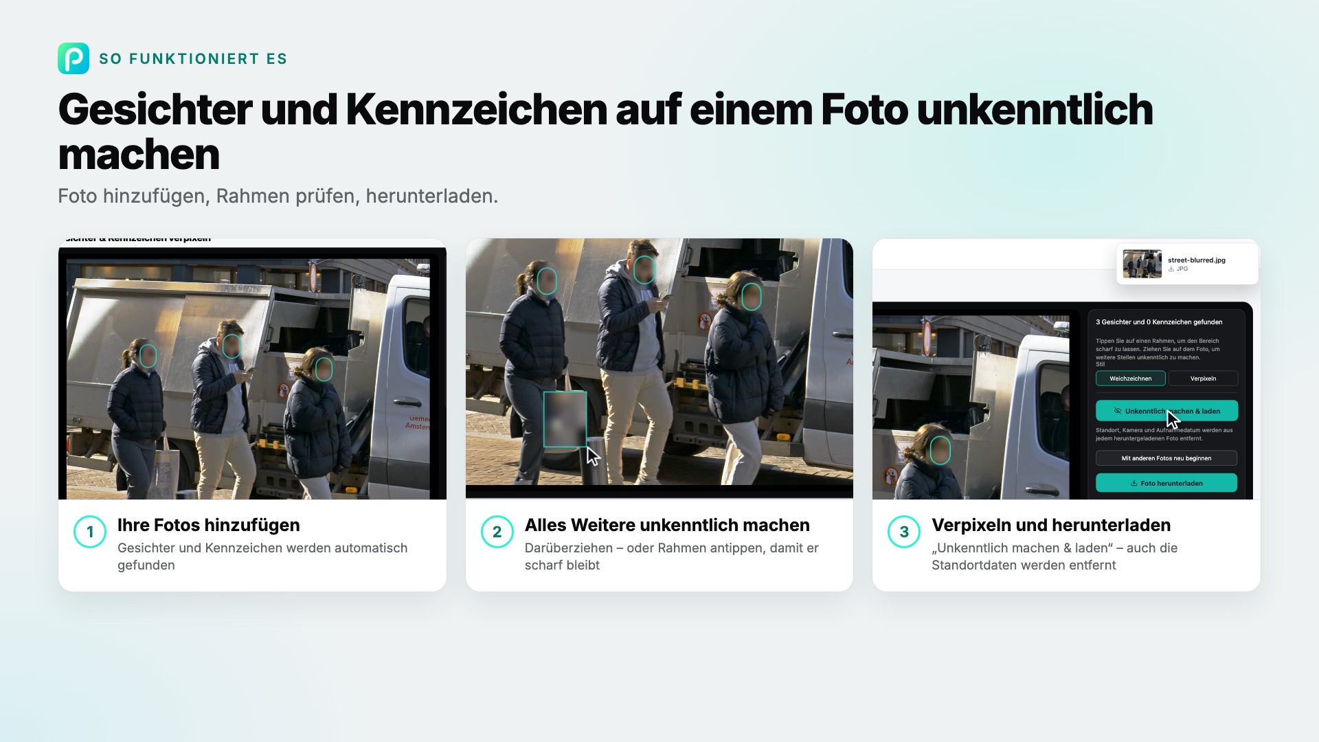 Die Schritte von „Gesichter & Kennzeichen verpixeln“ in Pixly, mit Screenshots