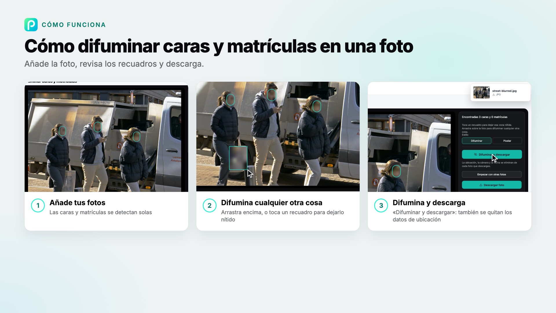 Los pasos de Difuminar caras y matrículas en Pixly, con capturas de cada uno