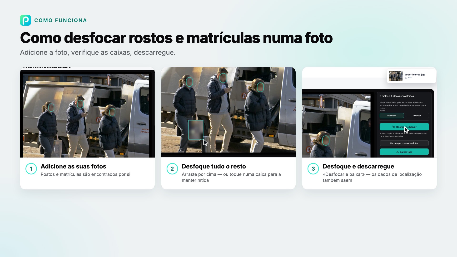 Os passos de Desfocar rostos e placas no Pixly, com capturas de cada um