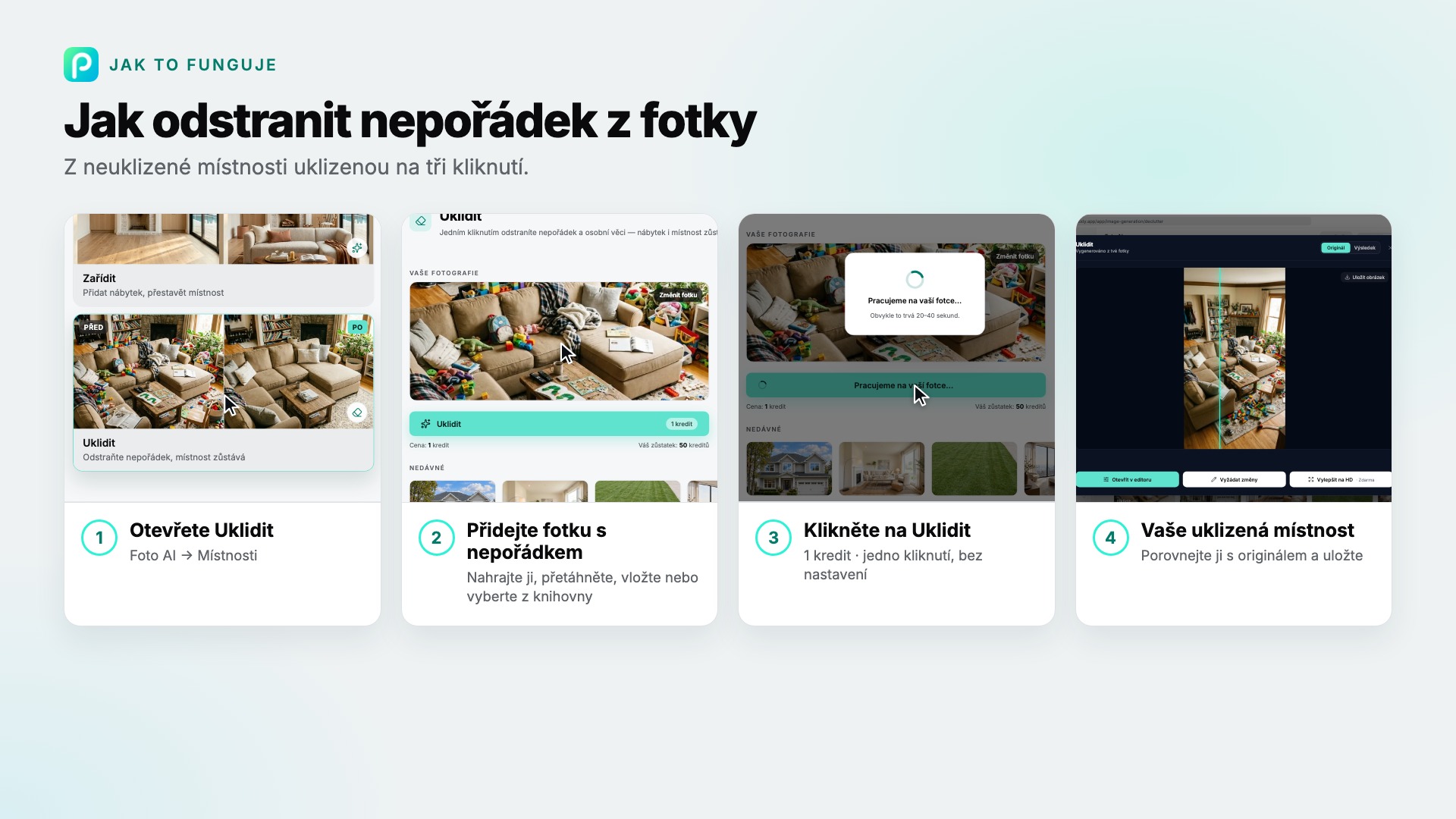 Kroky nástroje Uklidit v Pixly se snímkem každého z nich