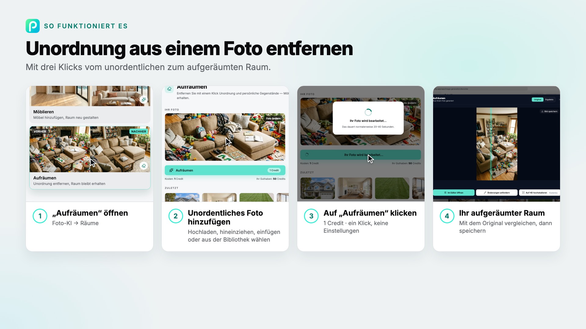 Die Schritte von „Aufräumen“ in Pixly, mit Screenshots