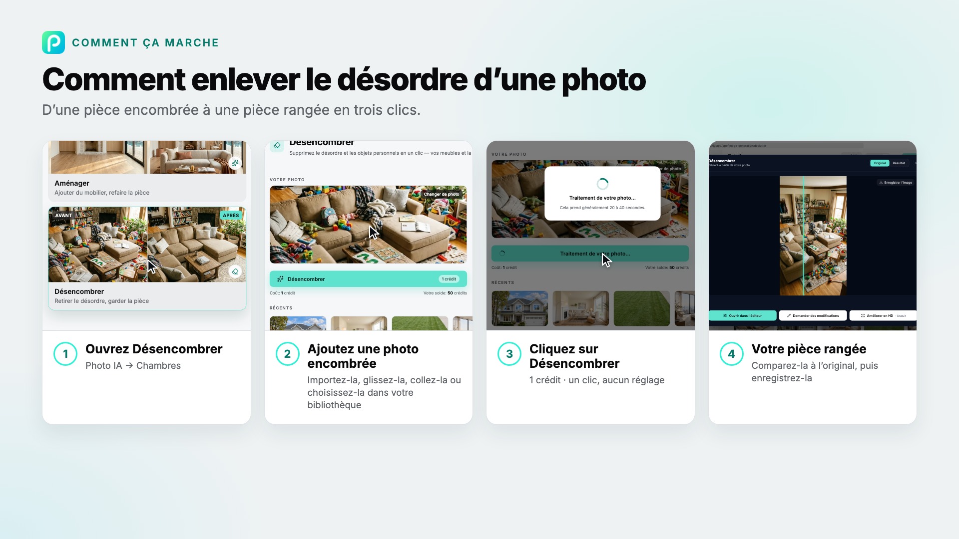 Les étapes de Désencombrer dans Pixly, avec une capture de chacune