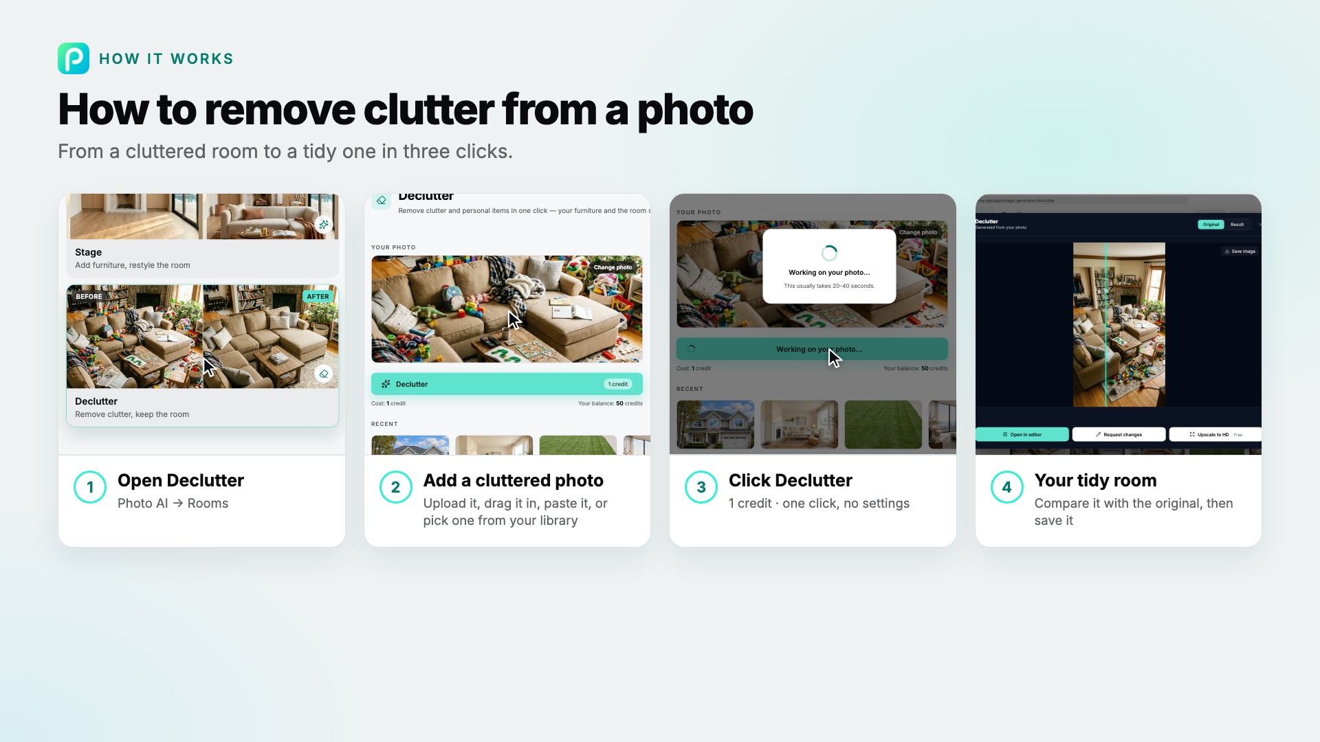 The Declutter steps in Pixly, with screenshots of each