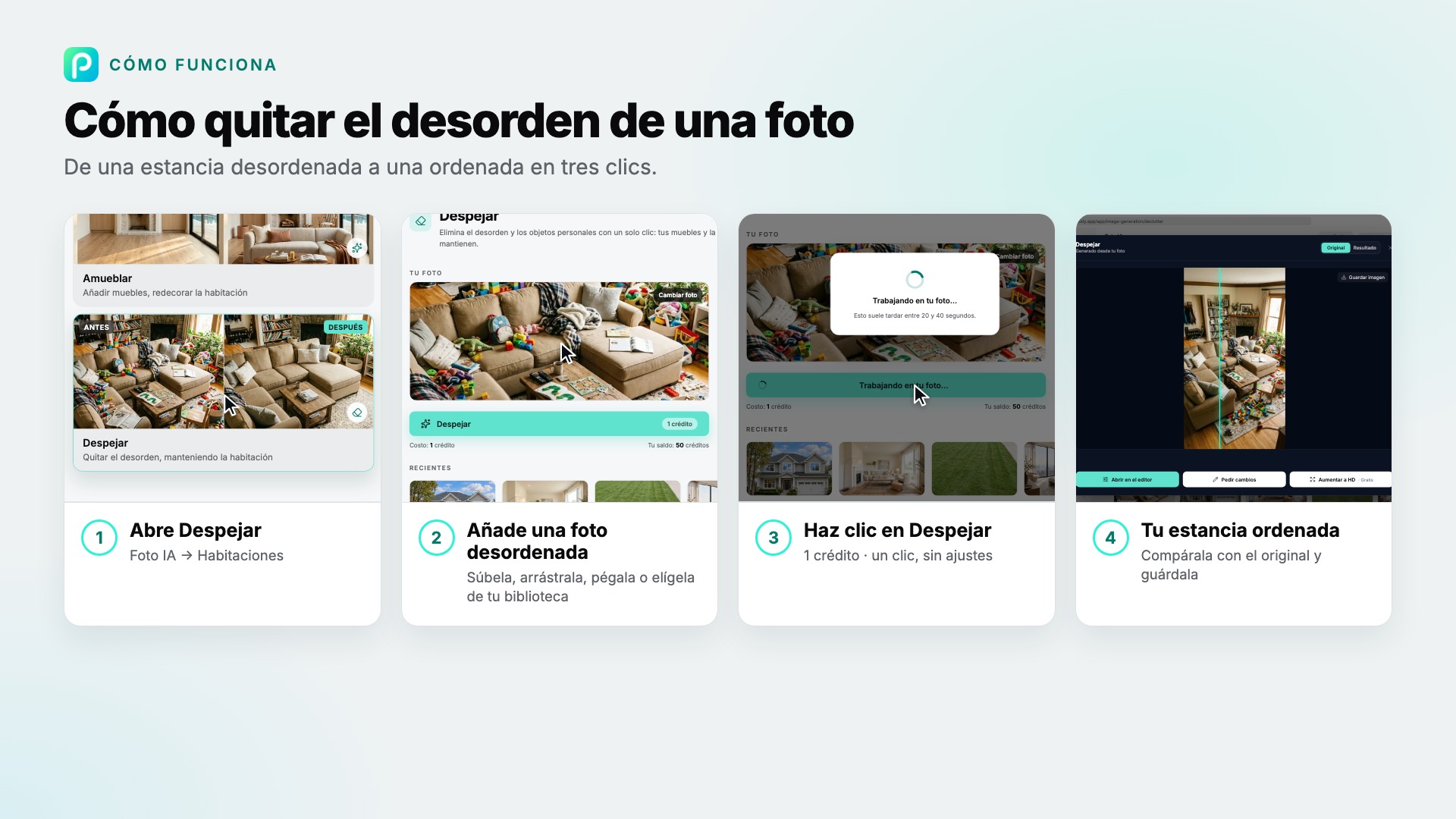 Los pasos de Despejar en Pixly, con capturas de cada uno