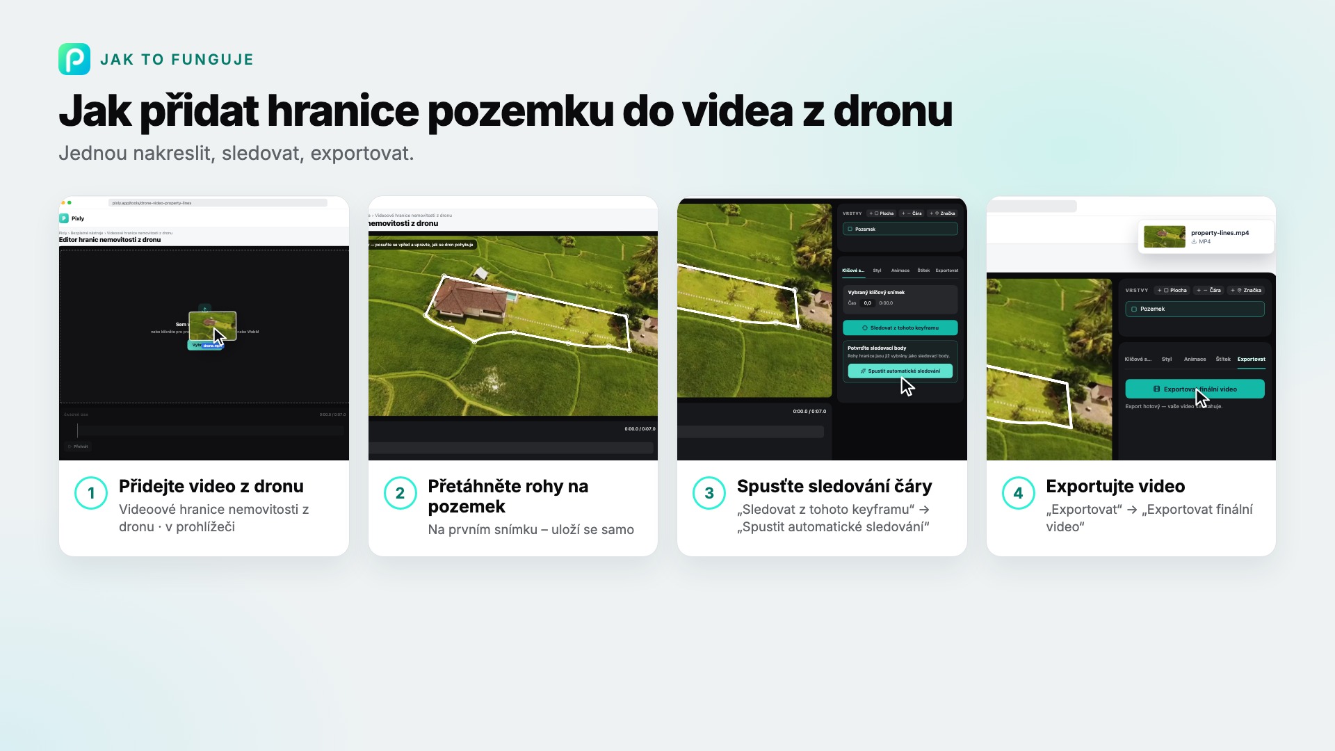 Kroky nástroje Videoové hranice nemovitosti z dronu v Pixly se snímkem každého z nich