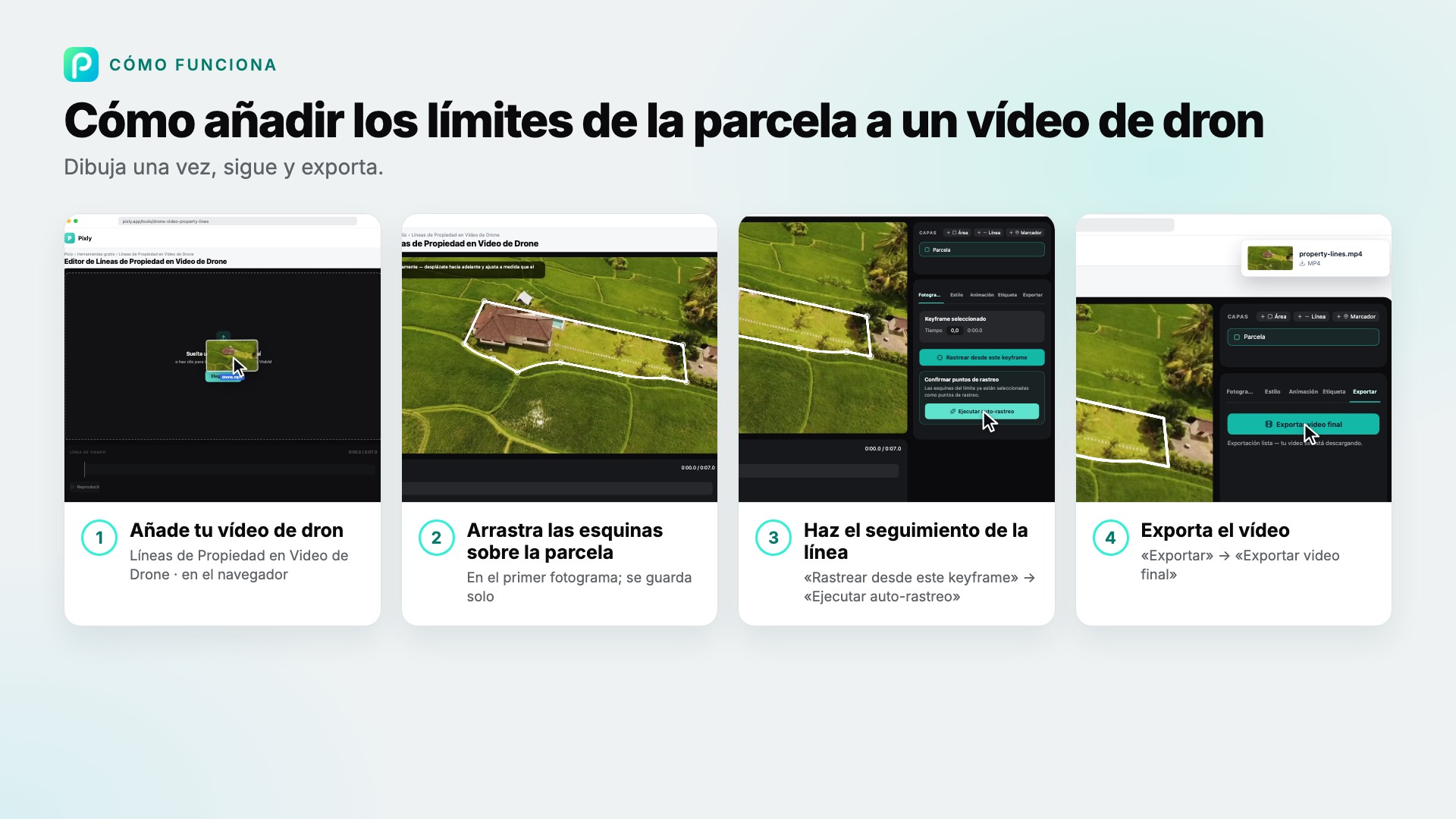 Los pasos de Líneas de Propiedad en Video de Drone en Pixly, con capturas de cada uno