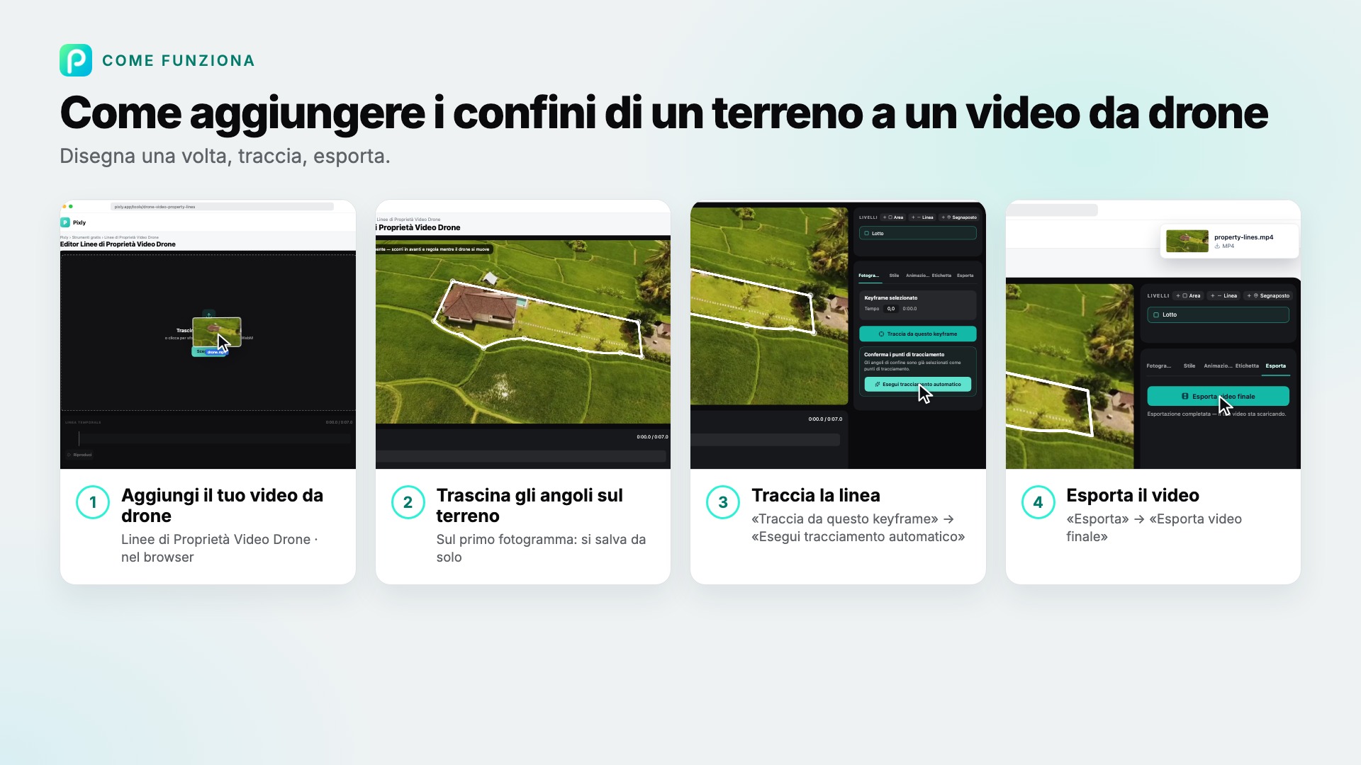 I passaggi di Linee di Proprietà Video Drone in Pixly, con uno screenshot di ciascuno