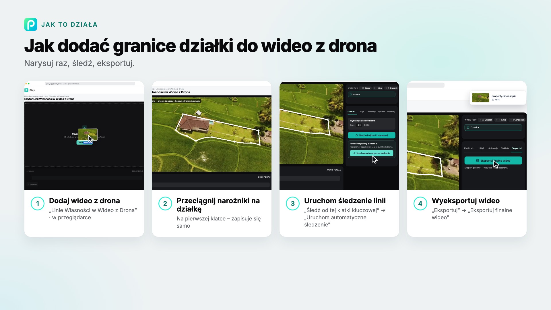 Kroki narzędzia „Linie Własności w Wideo z Drona” w Pixly, ze zrzutem ekranu każdego