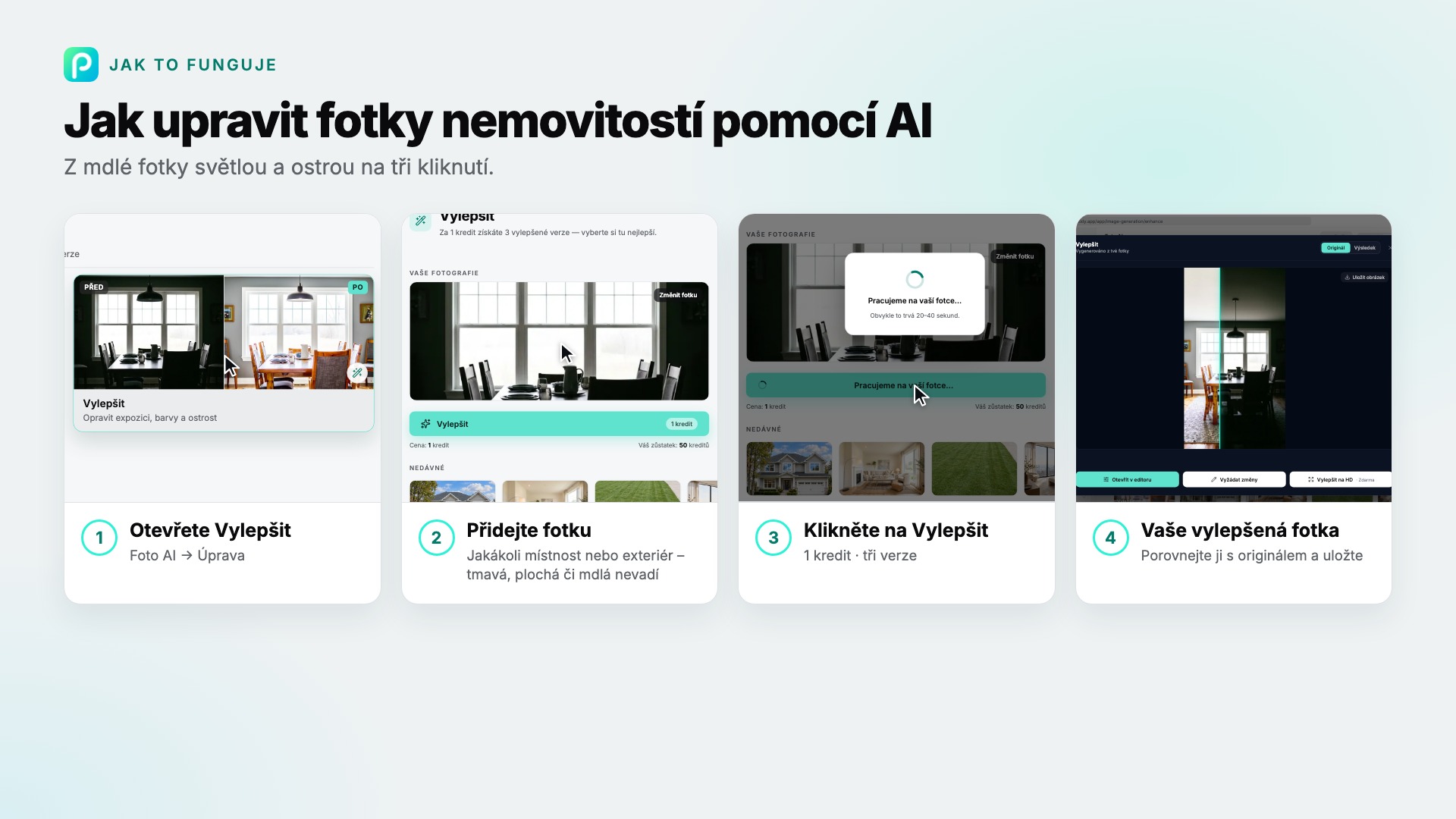 Kroky nástroje Vylepšit v Pixly se snímkem obrazovky ke každému z nich
