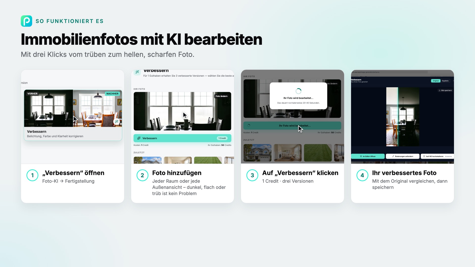 Die Schritte von „Verbessern“ in Pixly, mit Screenshots zu jedem Schritt