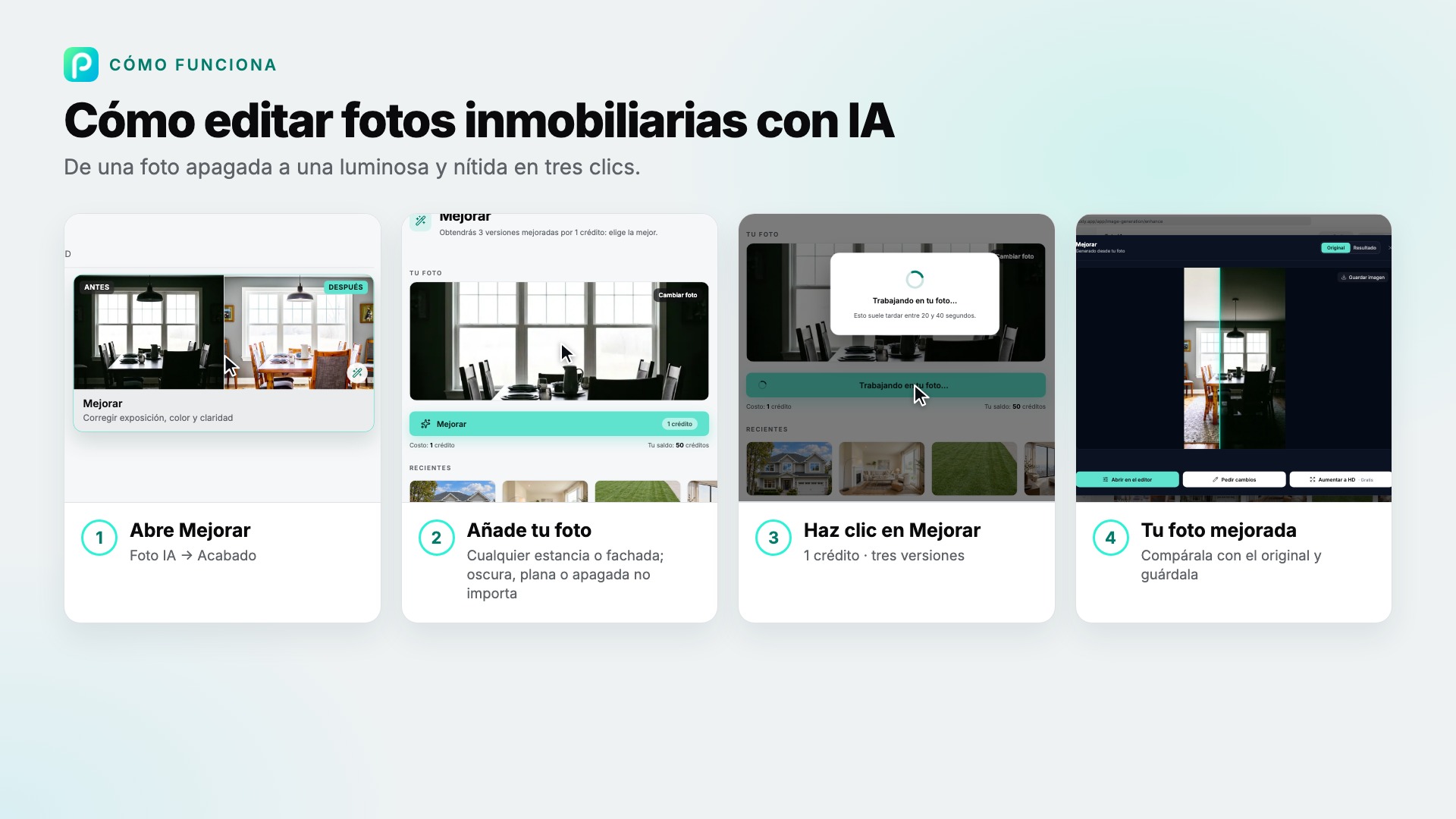 Los pasos de Mejorar en Pixly, con capturas de pantalla de cada uno
