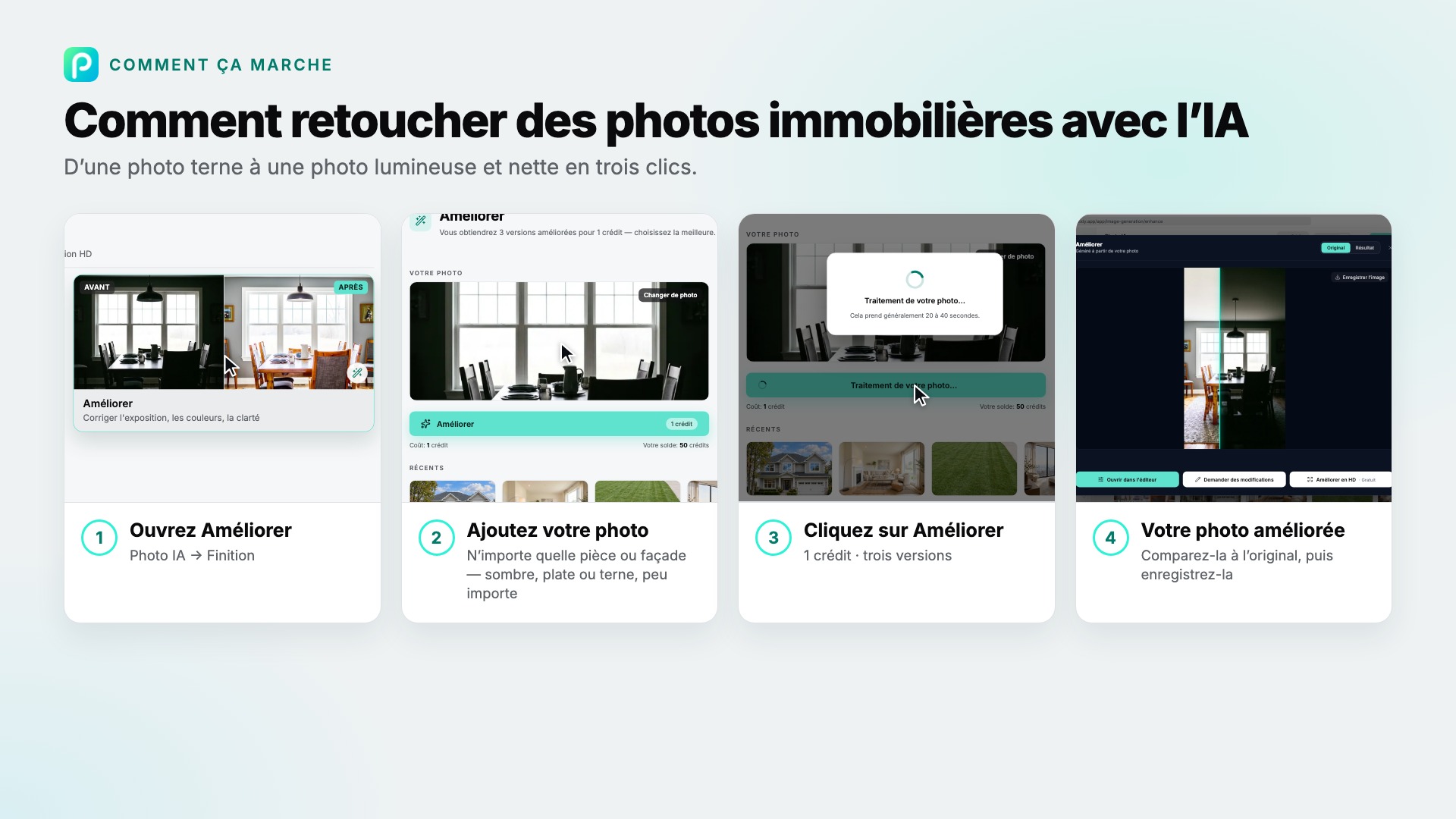 Les étapes de Améliorer dans Pixly, avec une capture d’écran pour chacune