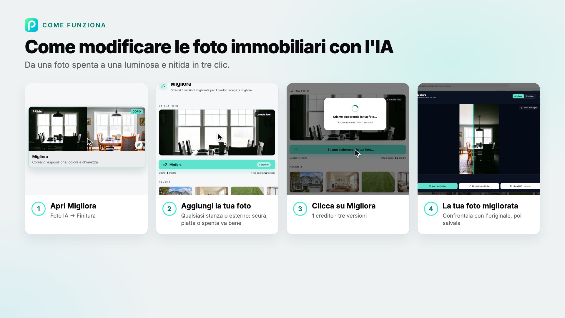 I passaggi di Migliora in Pixly, con uno screenshot per ciascuno