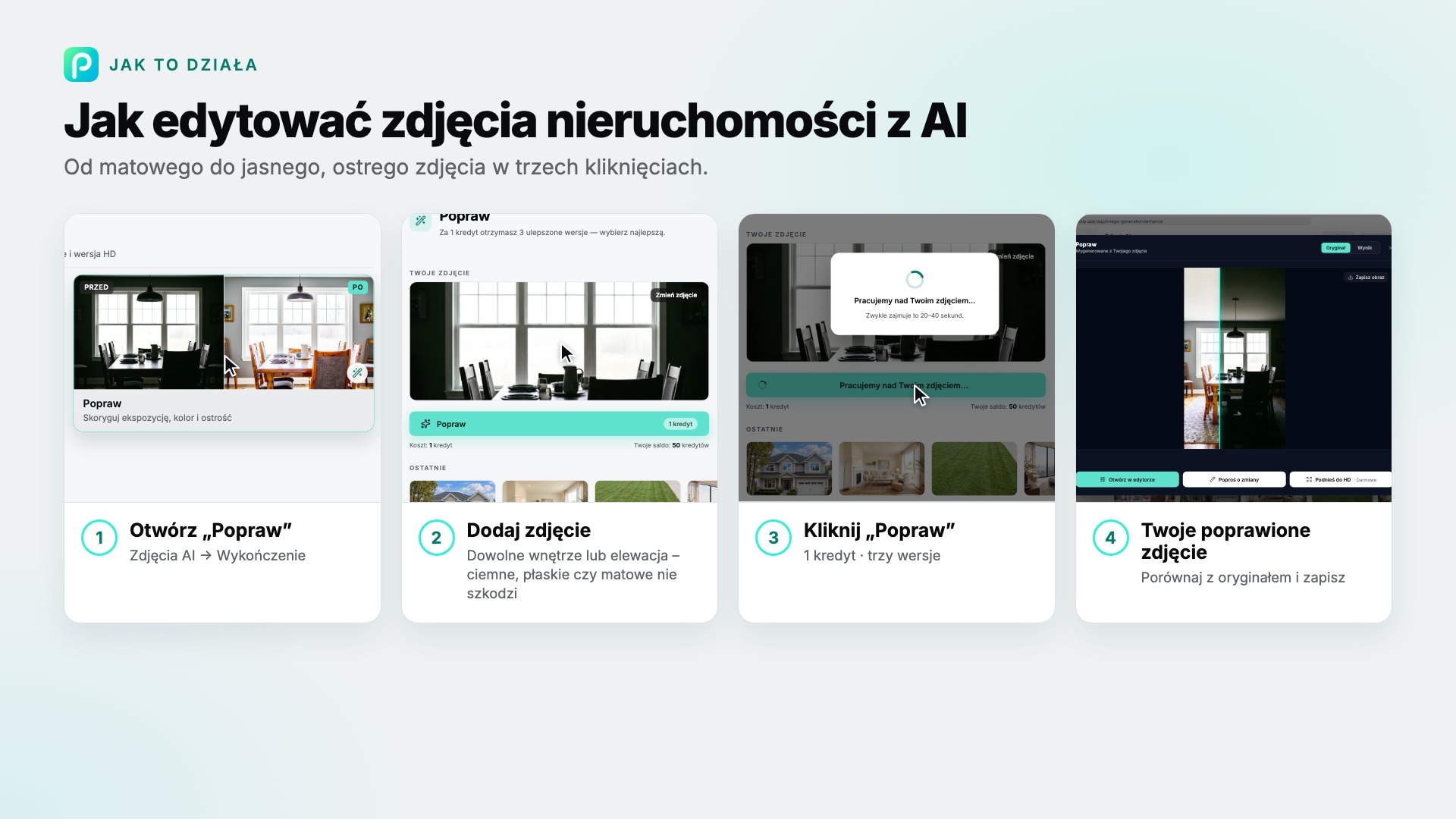 Kroki „Popraw” w Pixly ze zrzutem ekranu każdego z nich