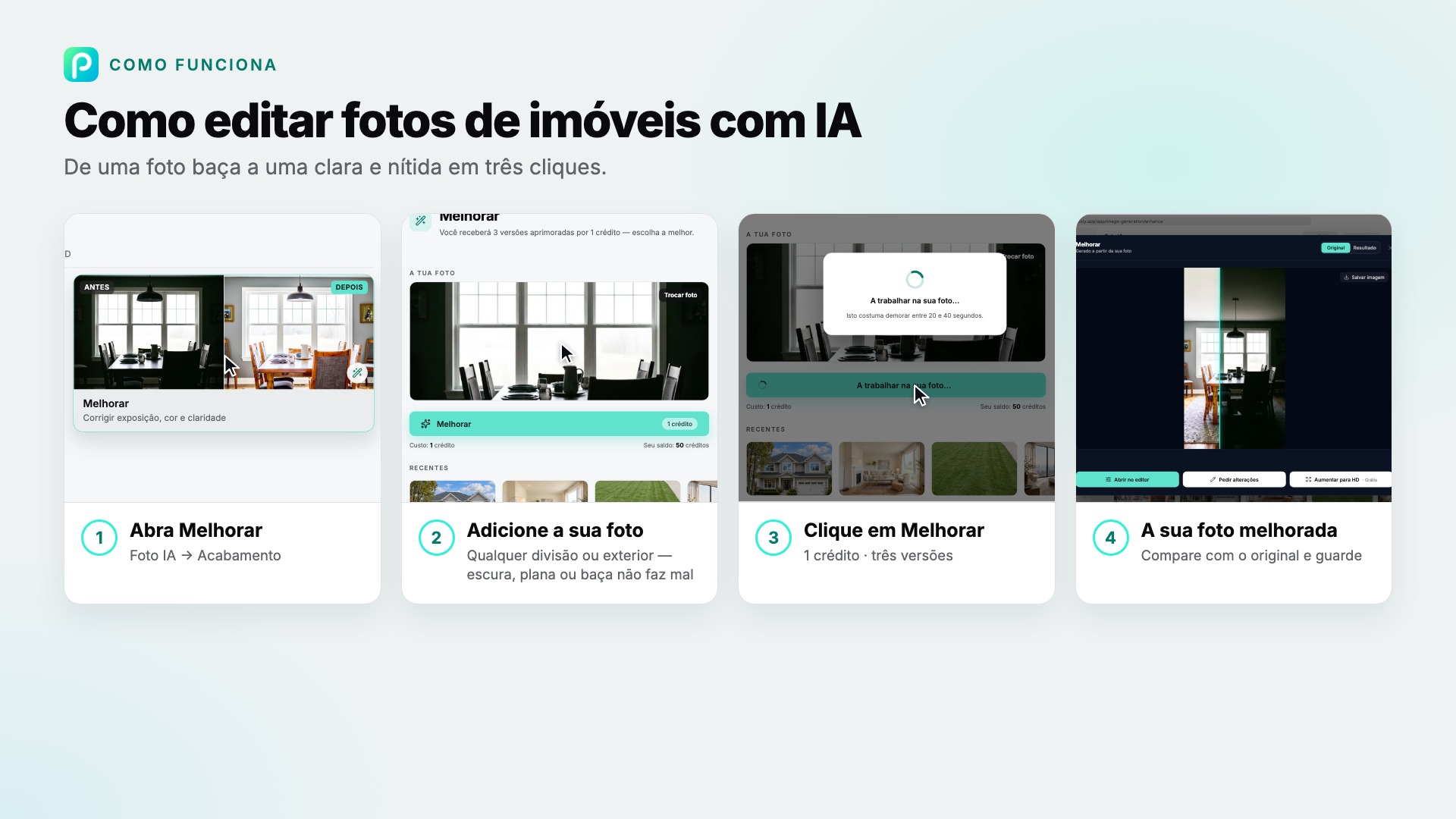Os passos de Melhorar no Pixly, com capturas de ecrã de cada um