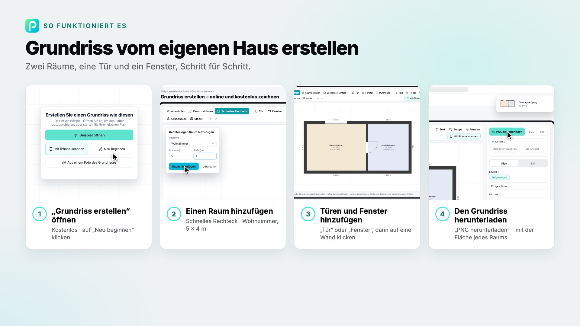 Die Schritte von „Grundriss erstellen“ in Pixly, mit Screenshots