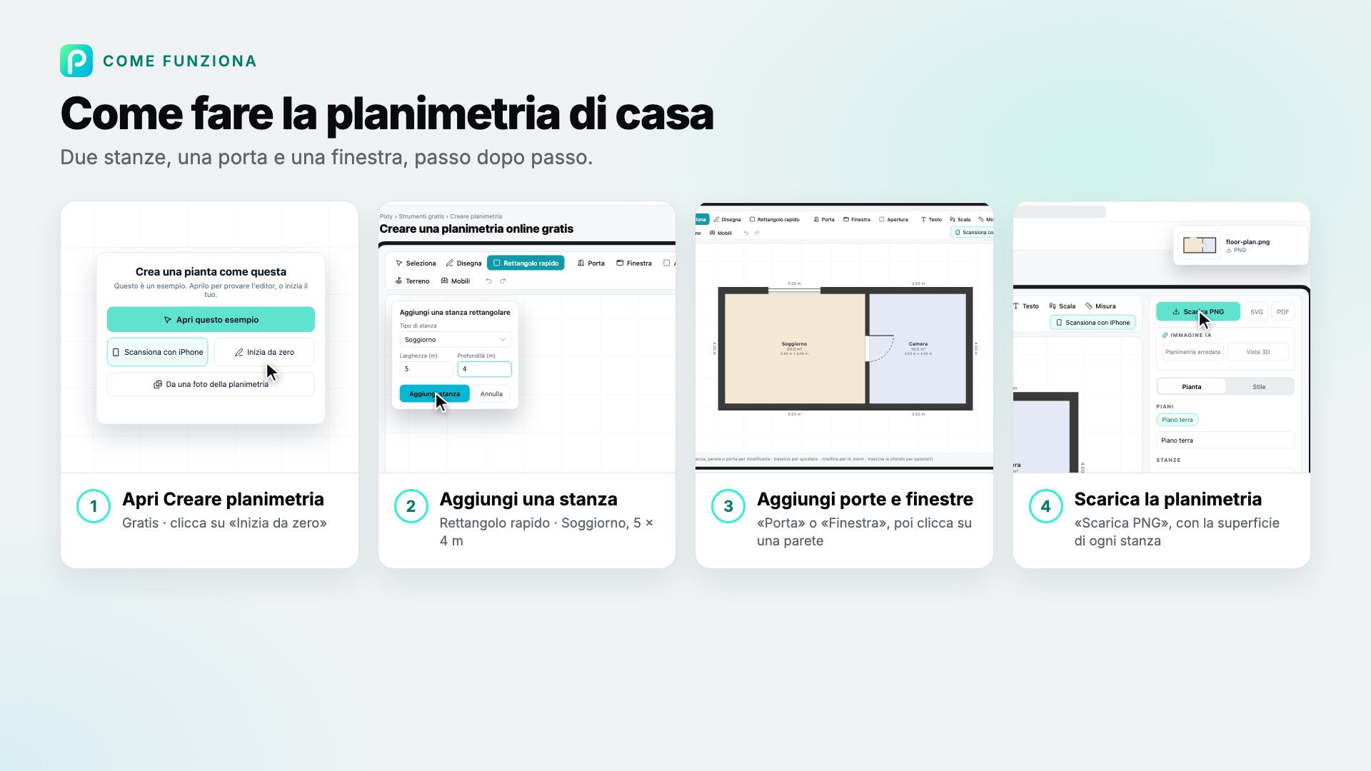 I passaggi di Creare planimetria in Pixly, con uno screenshot di ciascuno
