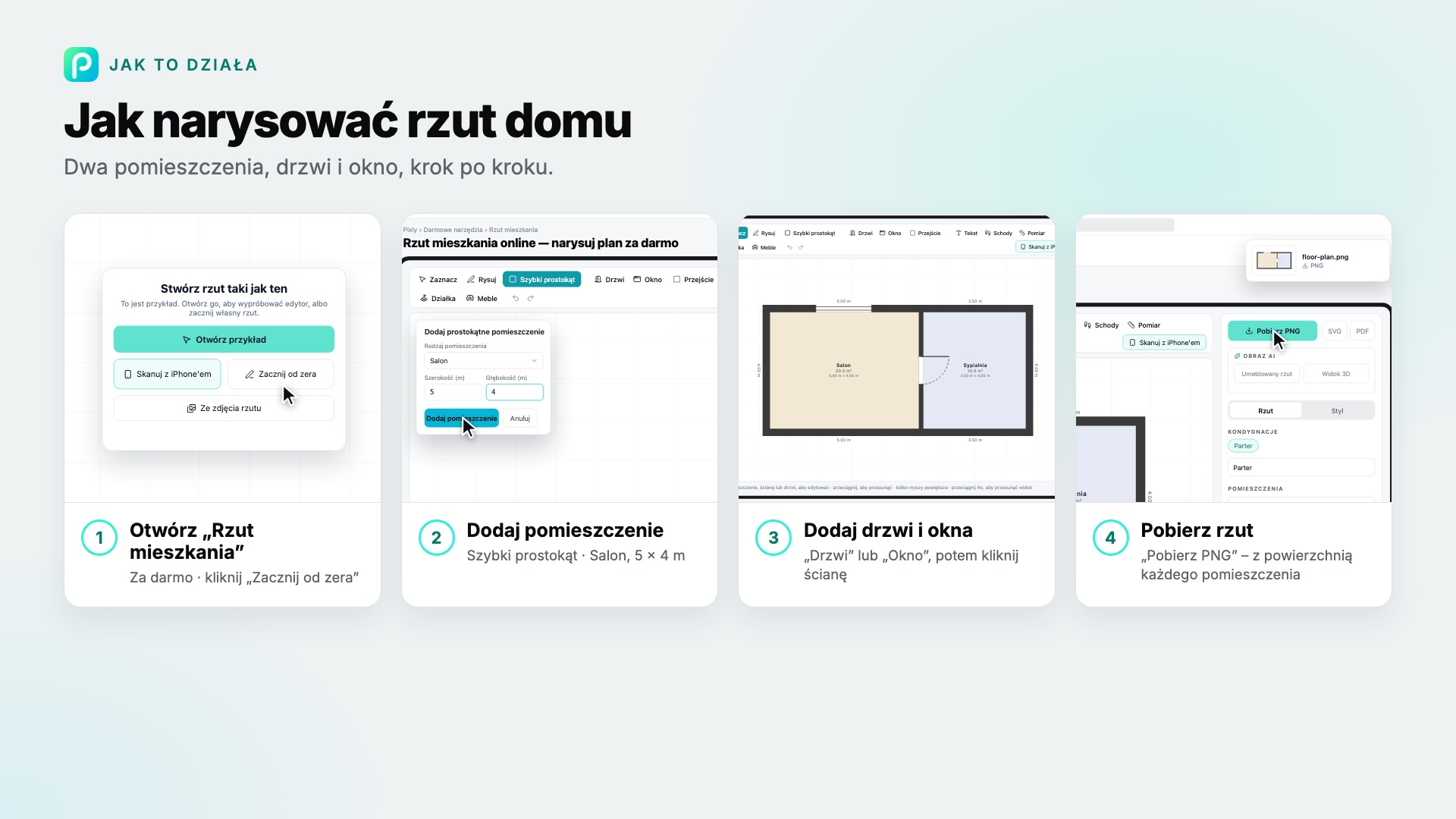 Kroki narzędzia „Rzut mieszkania” w Pixly, ze zrzutem ekranu każdego