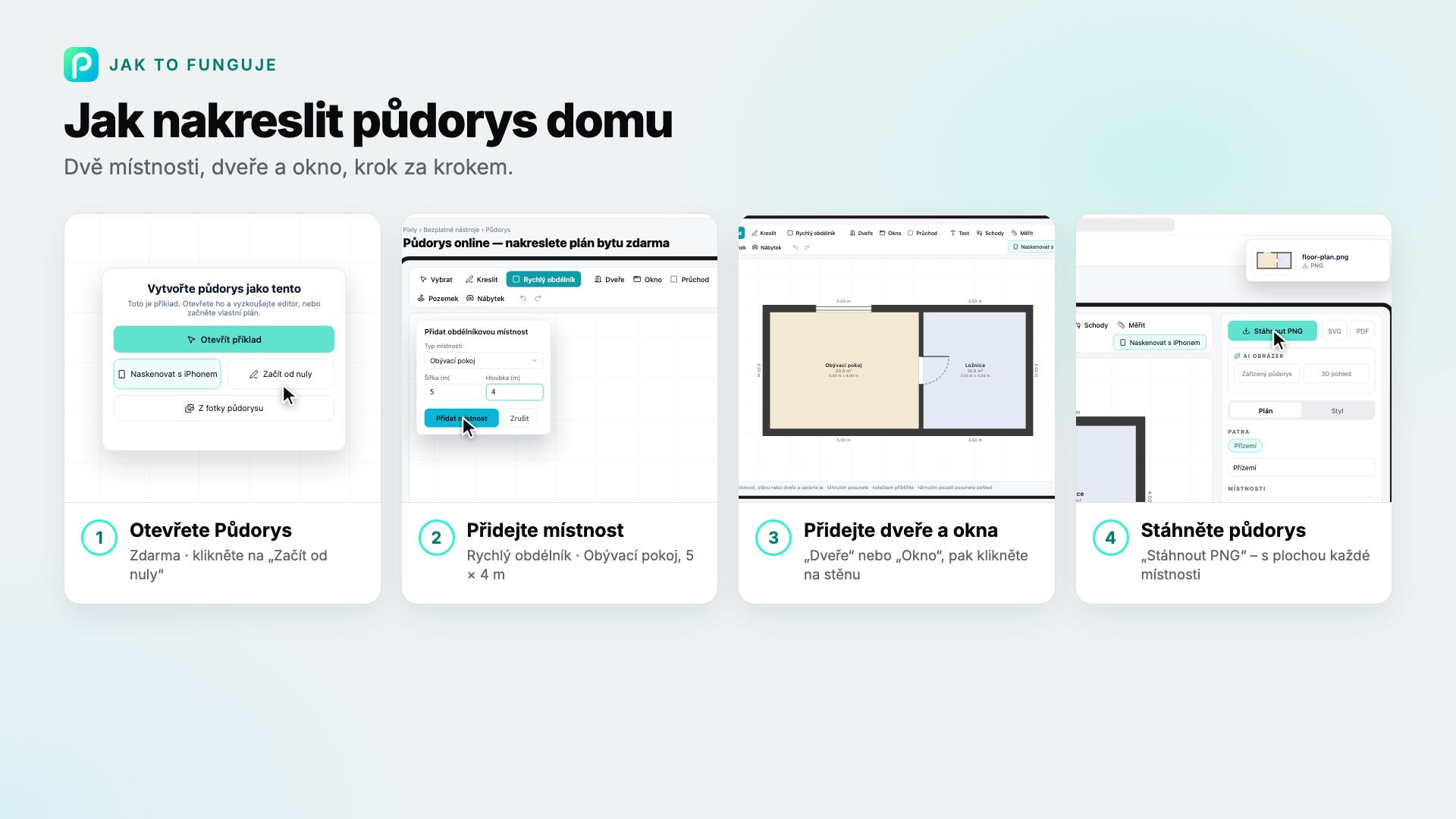Kroky nástroje Půdorys v Pixly se snímkem každého z nich