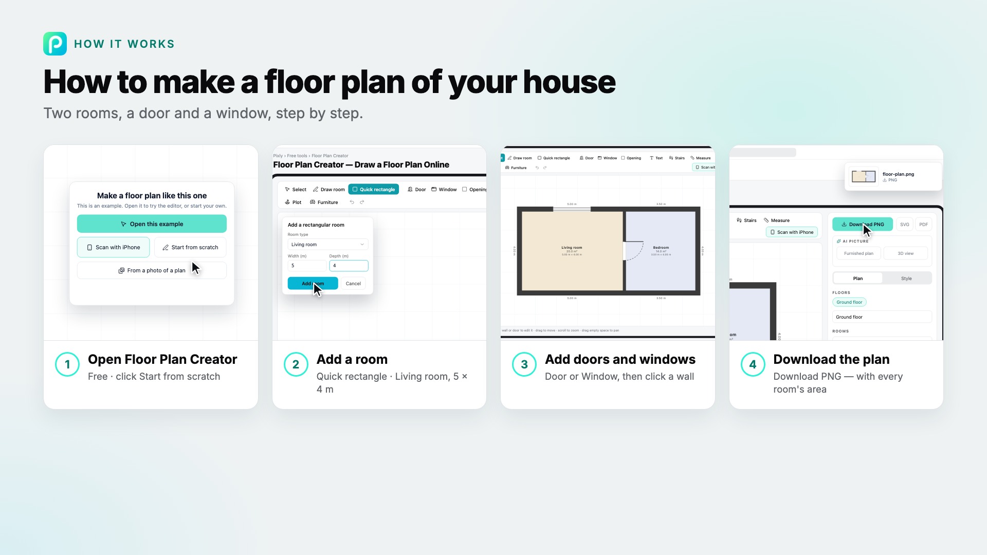 The Floor Plan Creator steps in Pixly, with screenshots of each