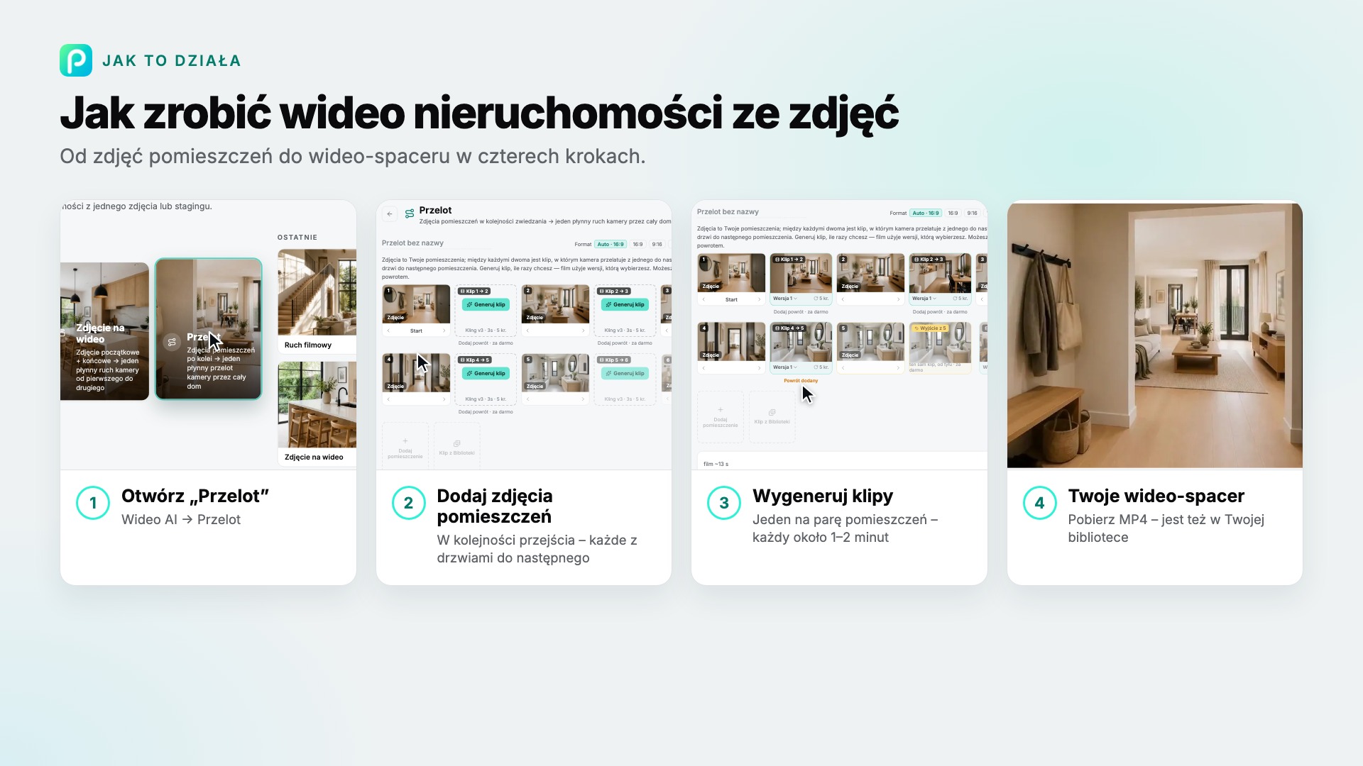 Kroki narzędzia „Przelot” w Pixly, ze zrzutem ekranu każdego