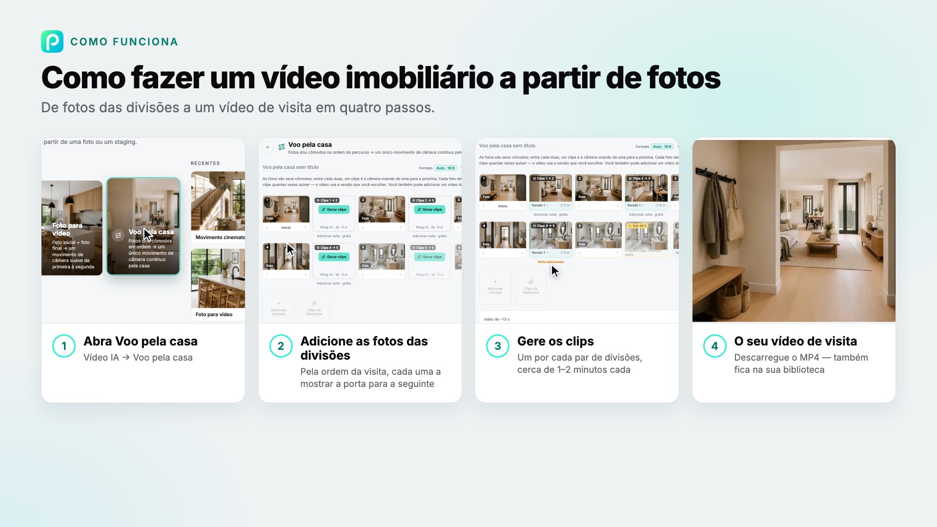 Os passos de Voo pela casa no Pixly, com capturas de cada um