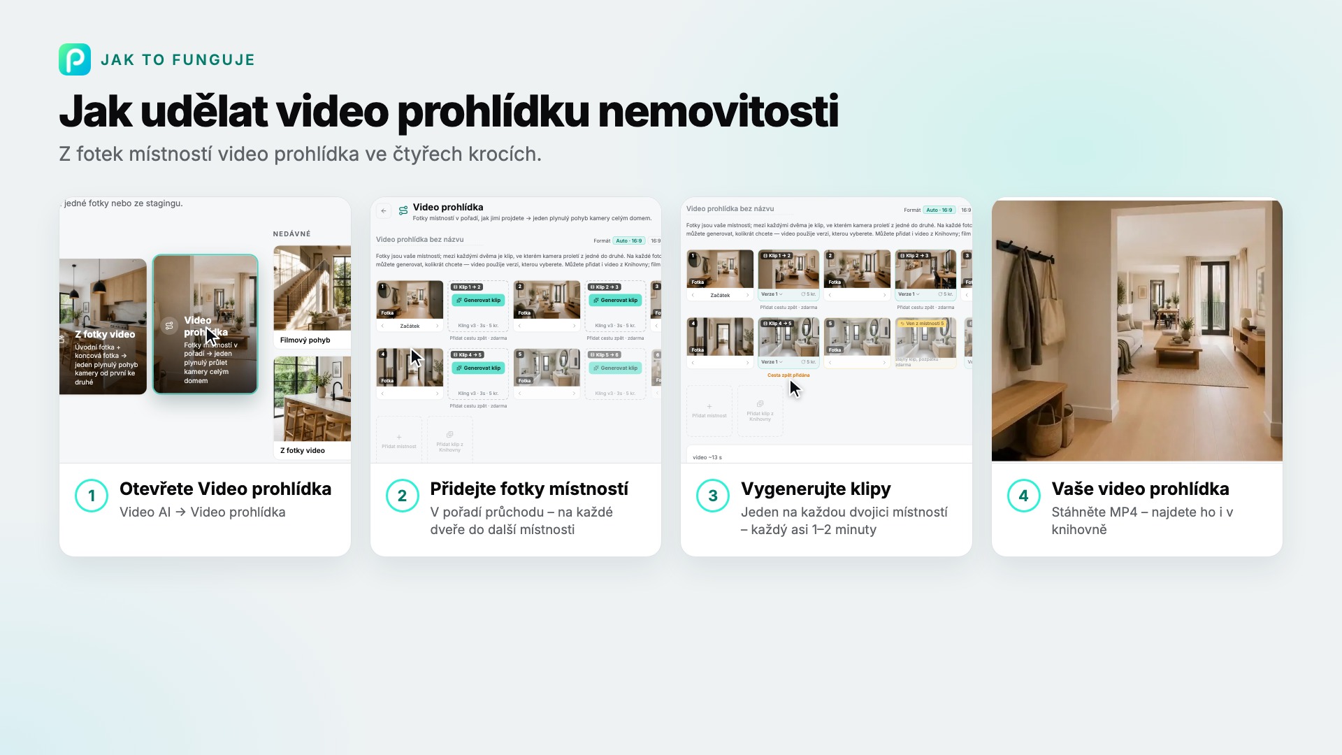 Kroky nástroje Video prohlídka v Pixly se snímkem každého z nich