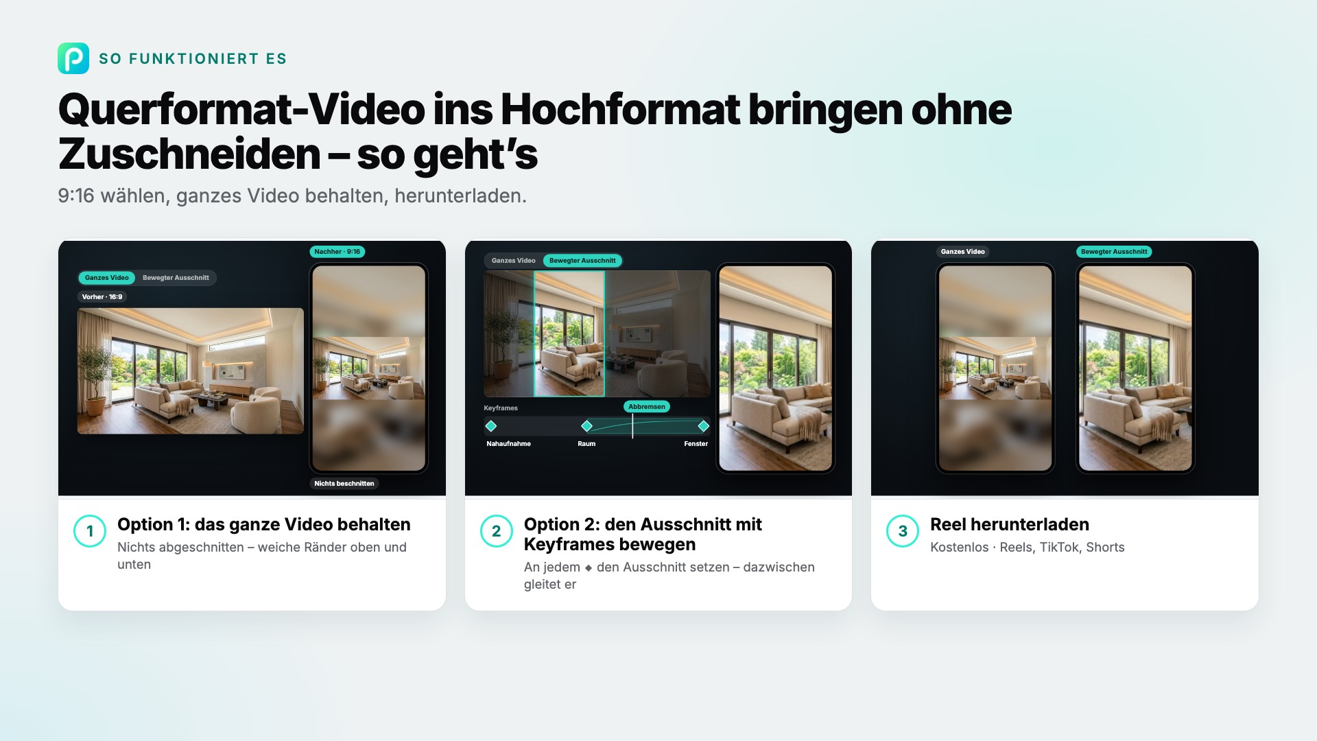 Die Schritte von „Querformat-Video ins Hochformat“ in Pixly, mit Screenshots