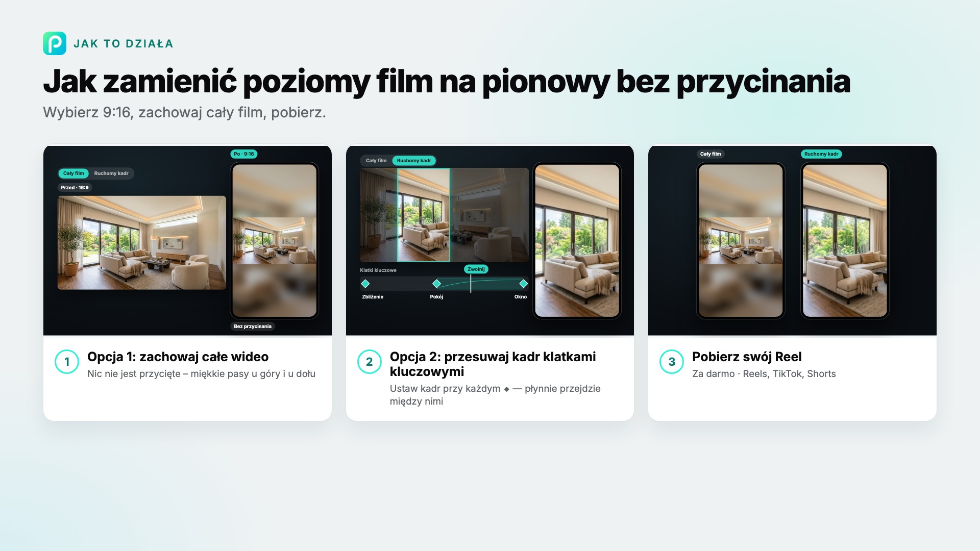 Kroki narzędzia „Film poziomy na pionowy” w Pixly, ze zrzutem ekranu każdego