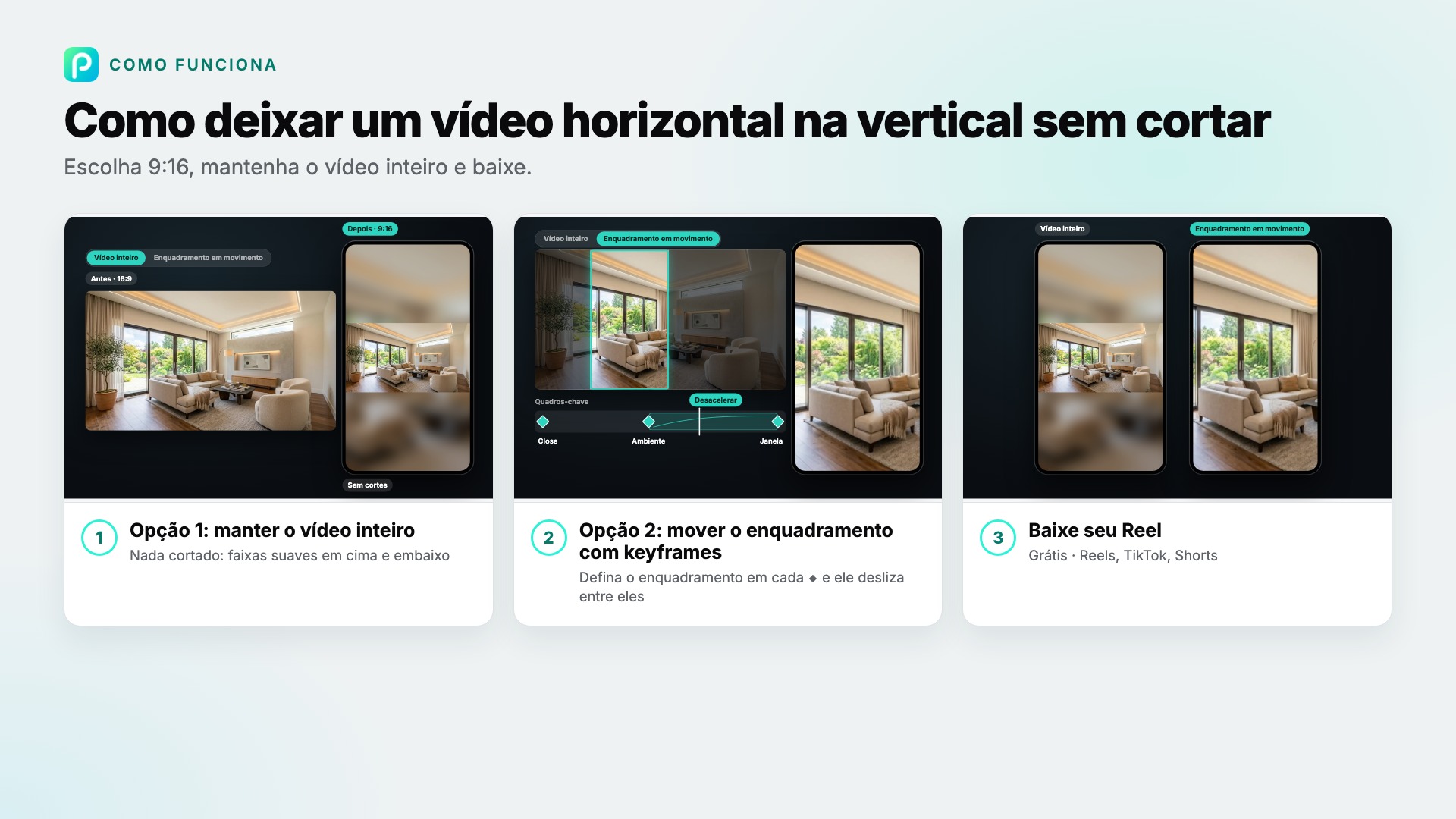 Os passos de Vídeo horizontal para vertical na Pixly, com capturas de cada um