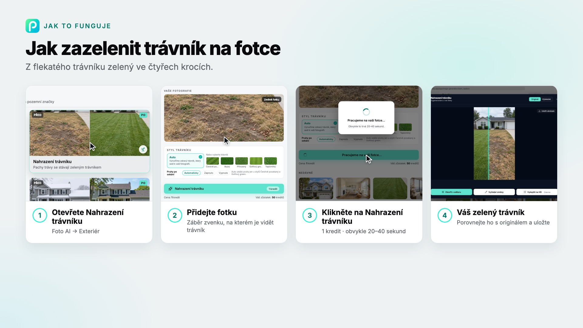 Kroky nástroje Nahrazení trávníku v Pixly se snímkem každého z nich