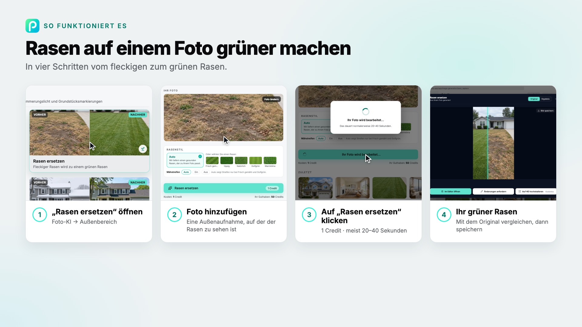 Die Schritte von „Rasen ersetzen“ in Pixly, mit Screenshots