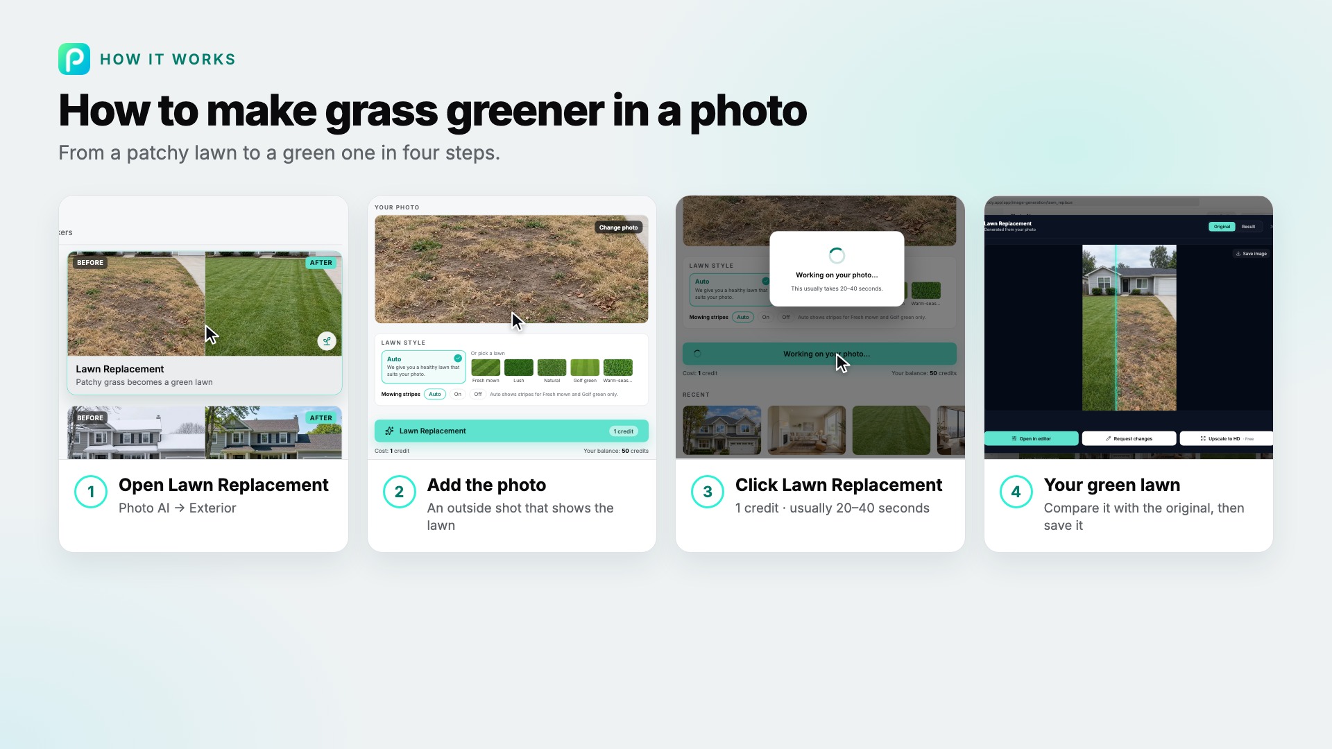 The Lawn Replacement steps in Pixly, with screenshots of each