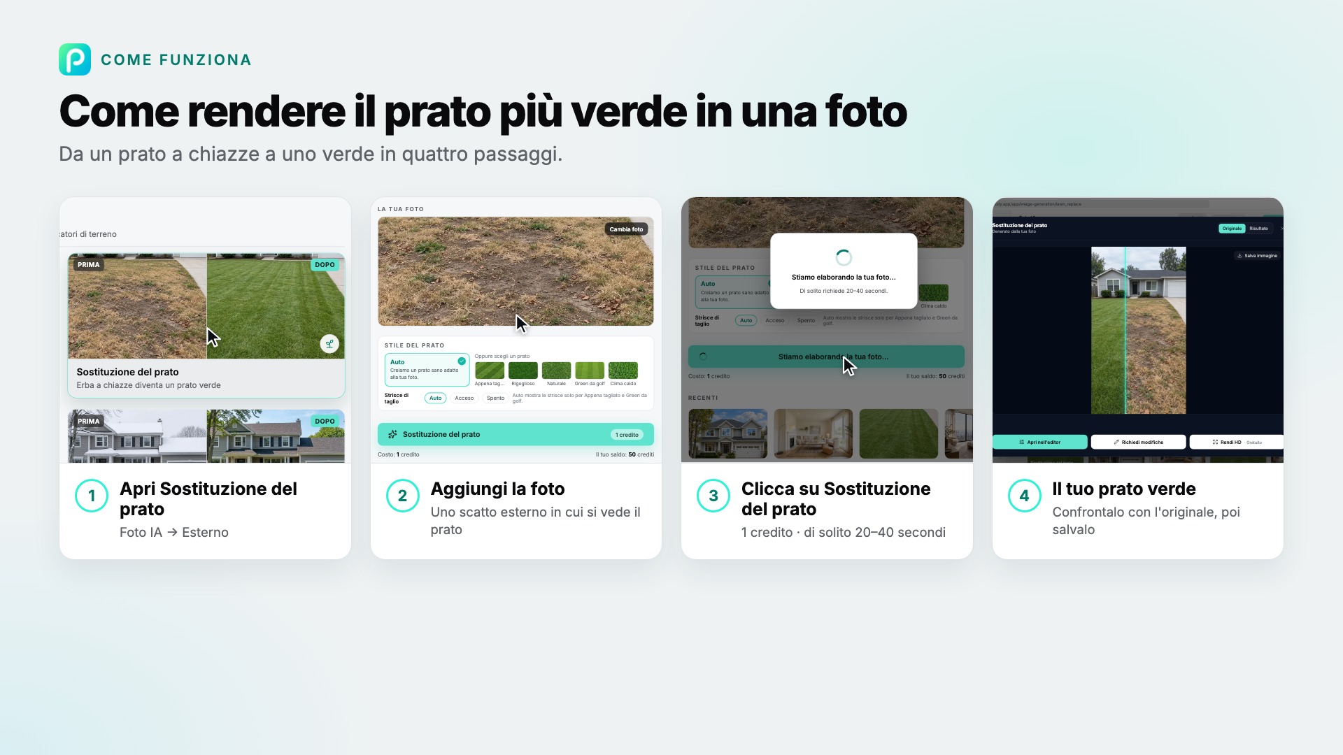 I passaggi di Sostituzione del prato in Pixly, con uno screenshot di ciascuno