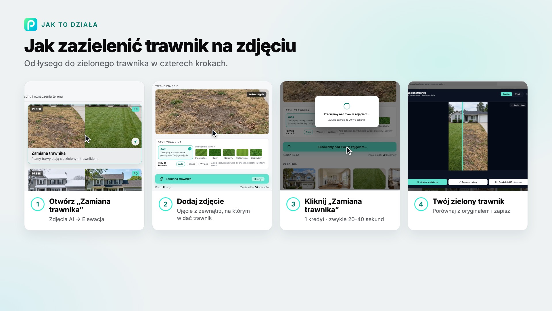 Kroki narzędzia „Zamiana trawnika” w Pixly, ze zrzutem ekranu każdego
