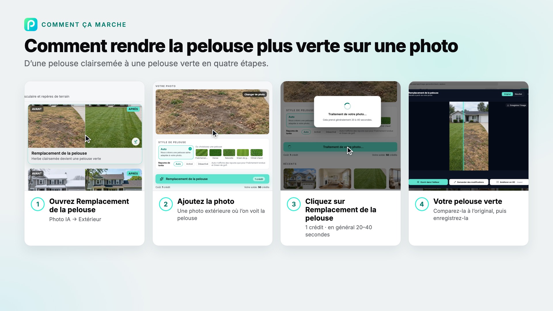 Les étapes de Remplacement de la pelouse dans Pixly, avec une capture de chacune