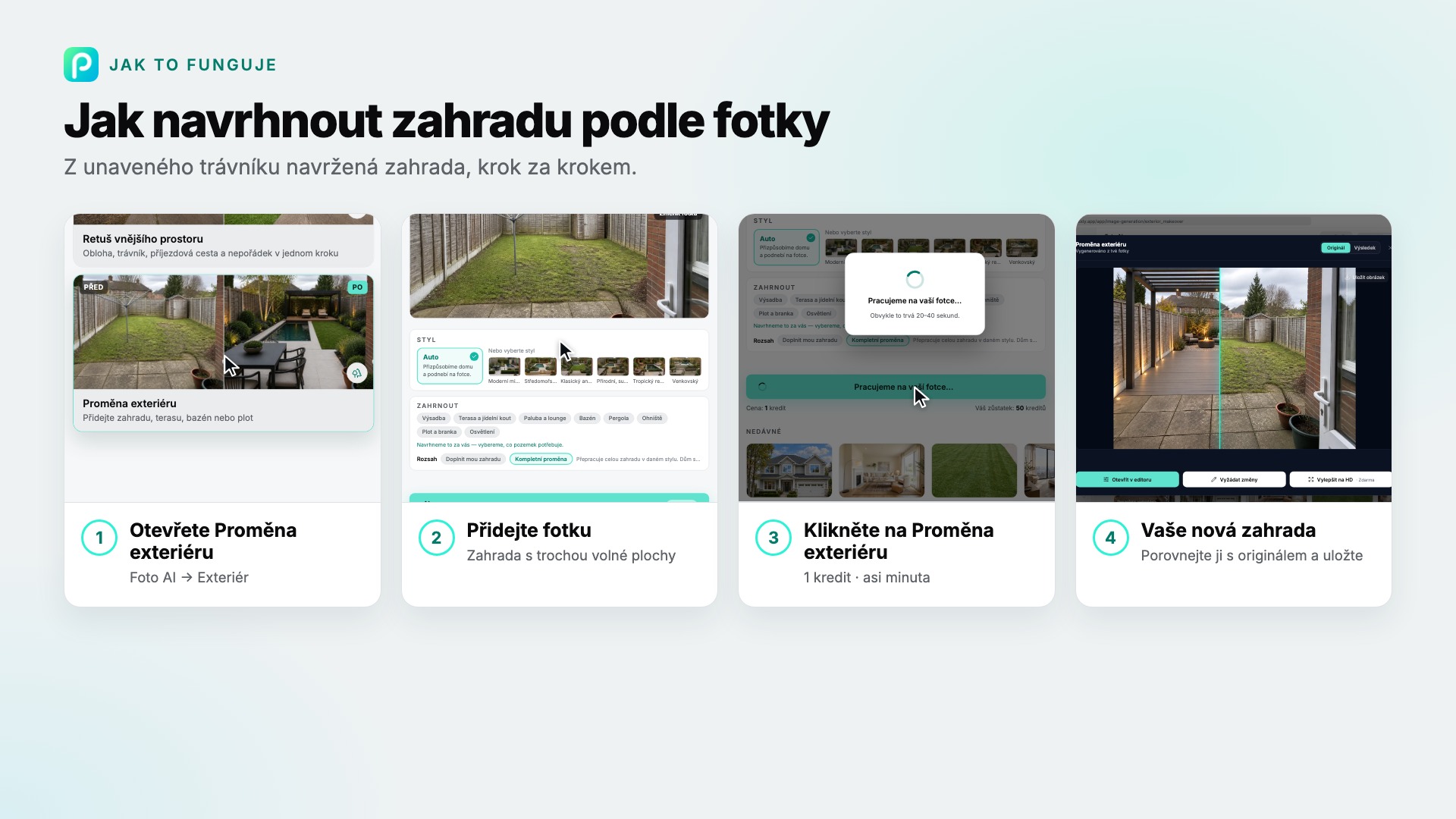 Kroky nástroje Proměna exteriéru v Pixly se snímkem každého z nich