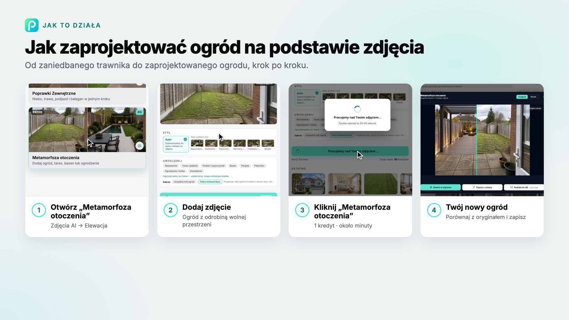 Kroki narzędzia „Metamorfoza otoczenia” w Pixly, ze zrzutem ekranu każdego