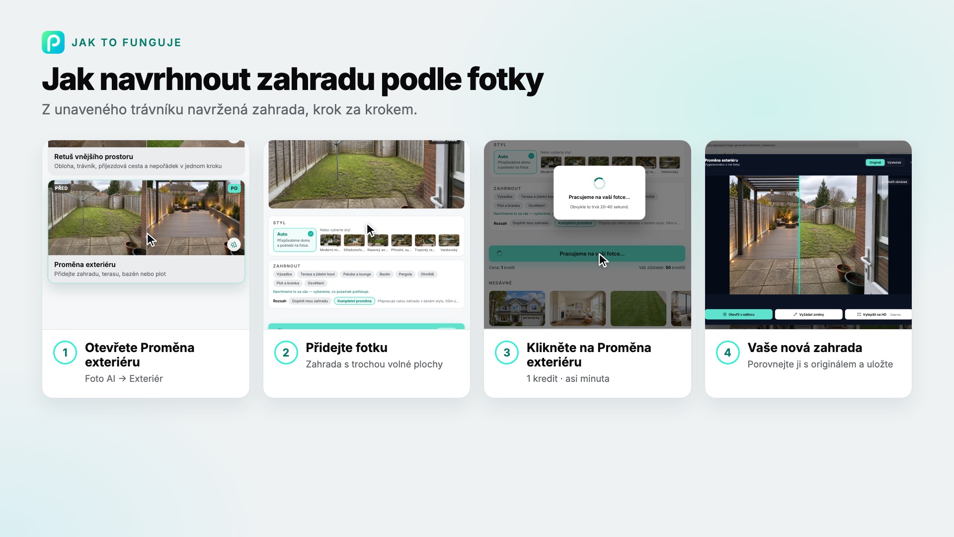 Kroky nástroje Proměna exteriéru v Pixly se snímkem každého z nich
