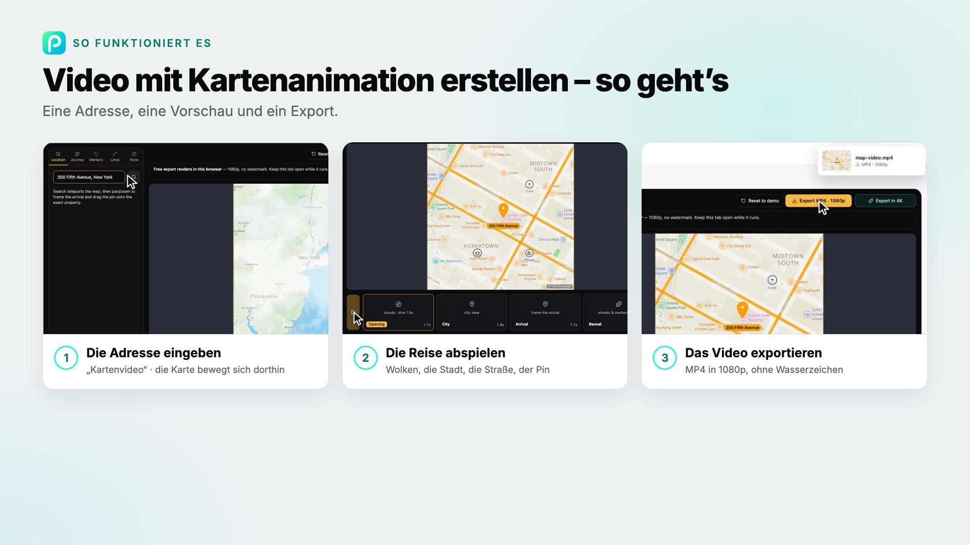 Die Schritte von „Kartenvideo“ in Pixly, mit Screenshots