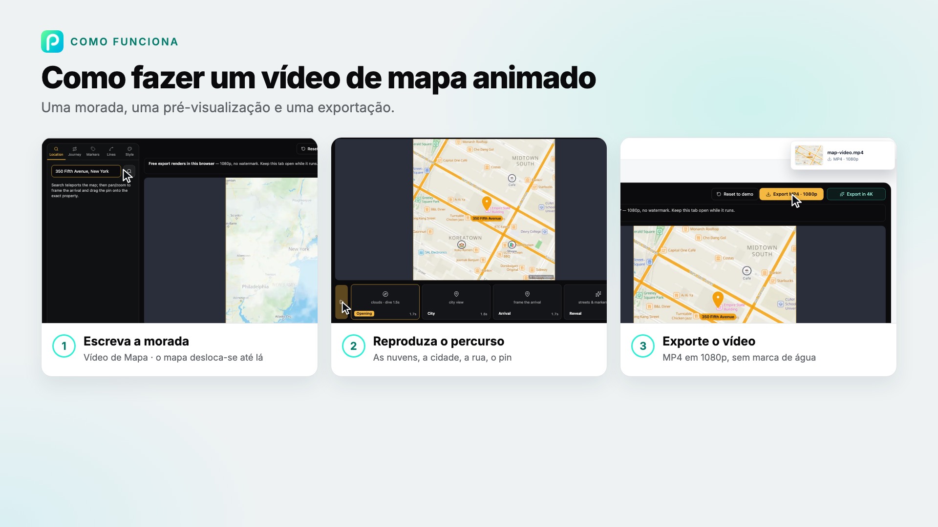 Os passos de Vídeo de Mapa no Pixly, com capturas de cada um