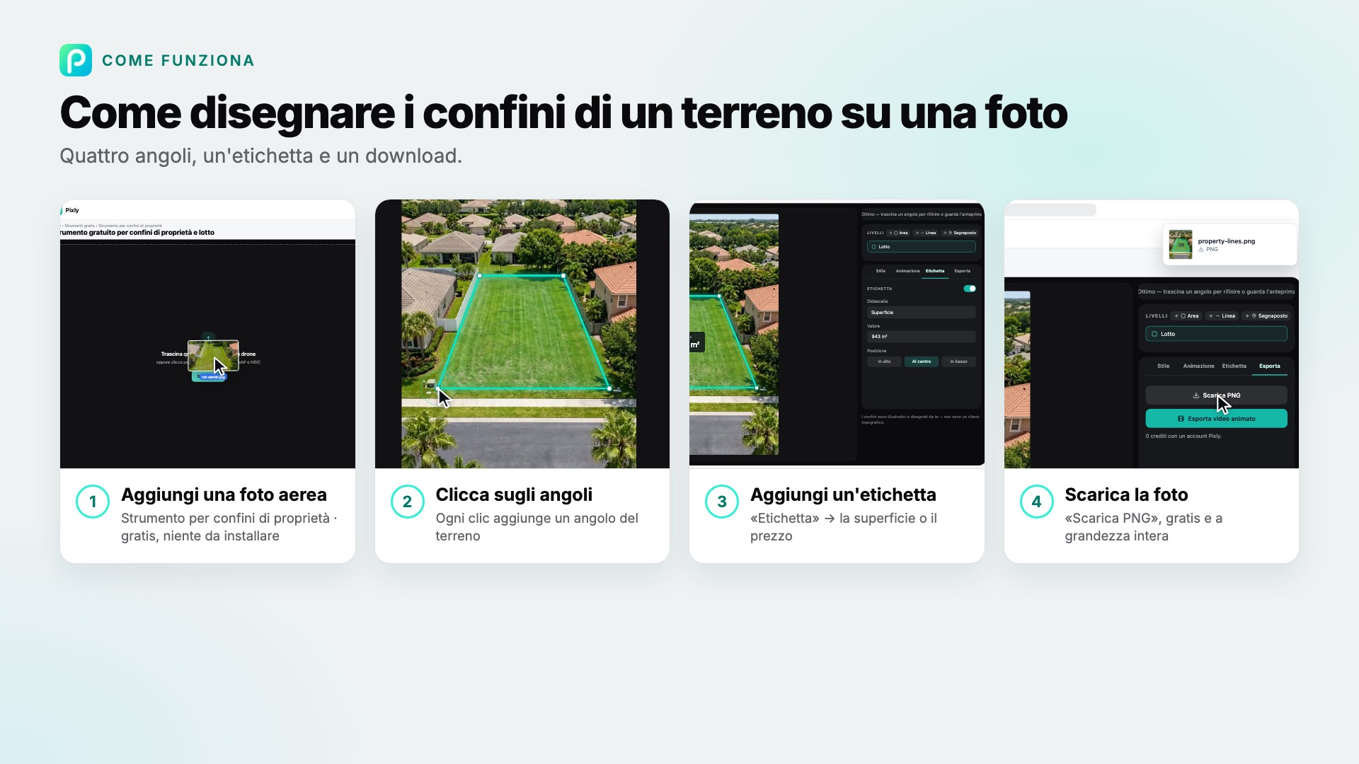 I passaggi di Strumento per confini di proprietà in Pixly, con uno screenshot di ciascuno
