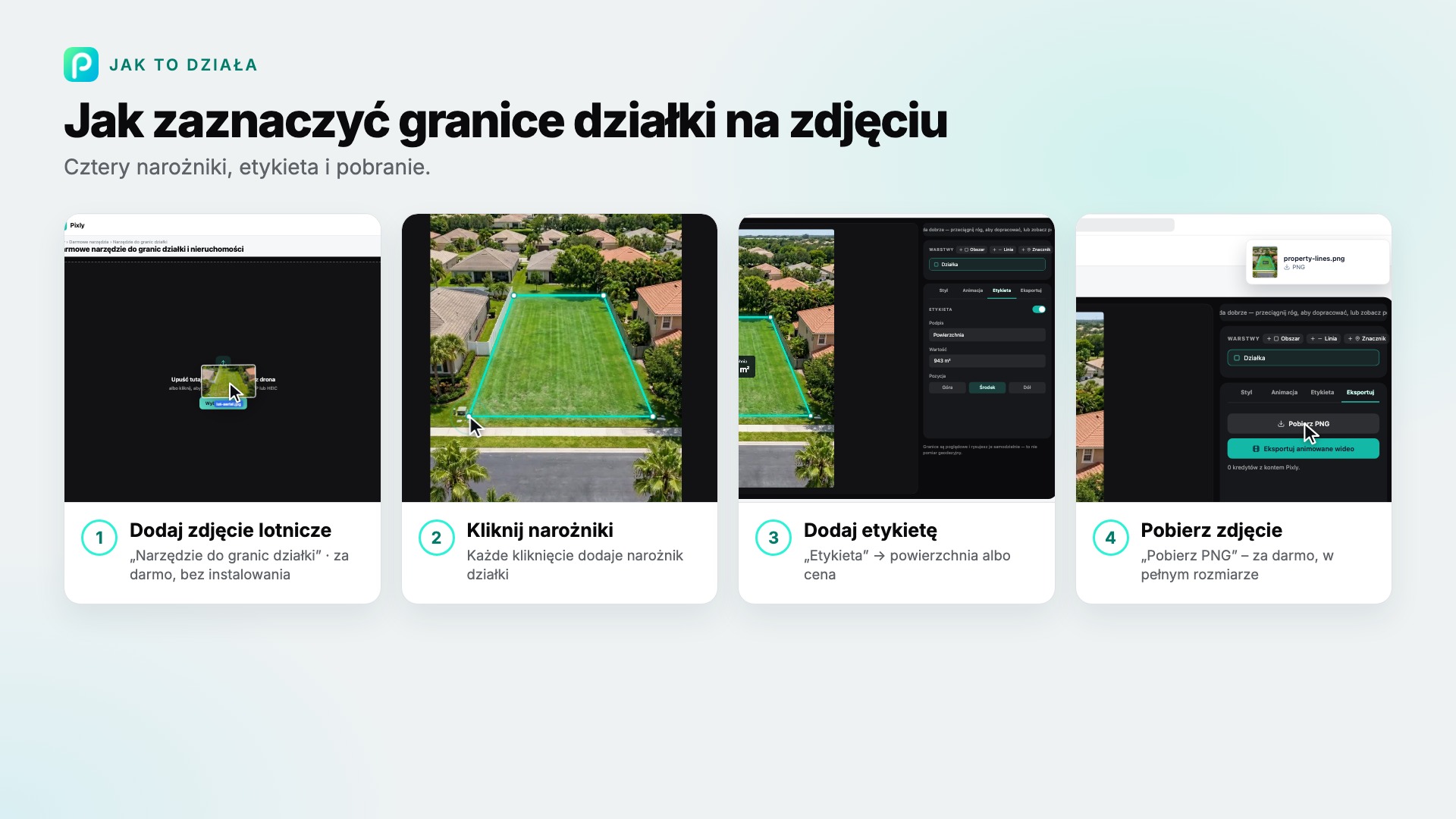 Kroki narzędzia „Narzędzie do granic działki” w Pixly, ze zrzutem ekranu każdego