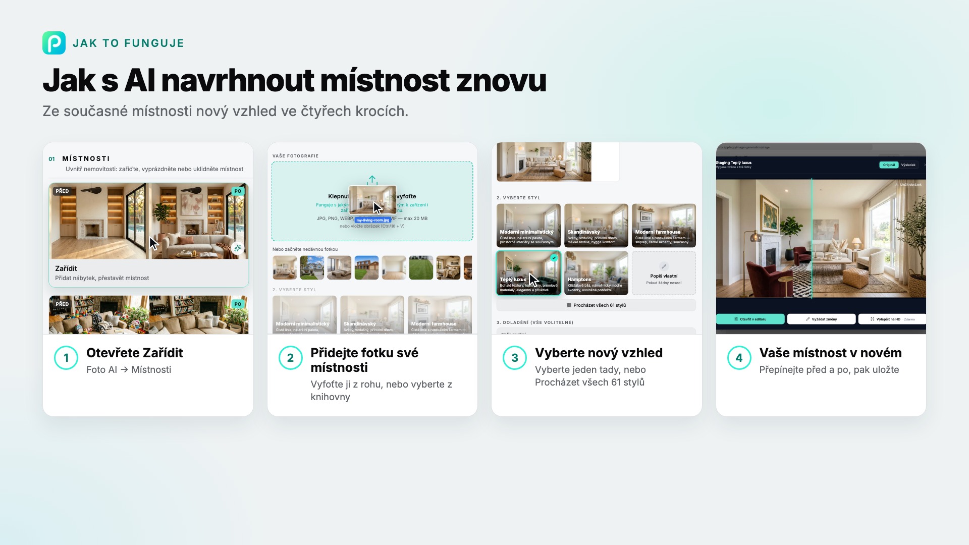 Kroky, jak v Pixly znovu navrhnout místnost, se snímkem každého z nich