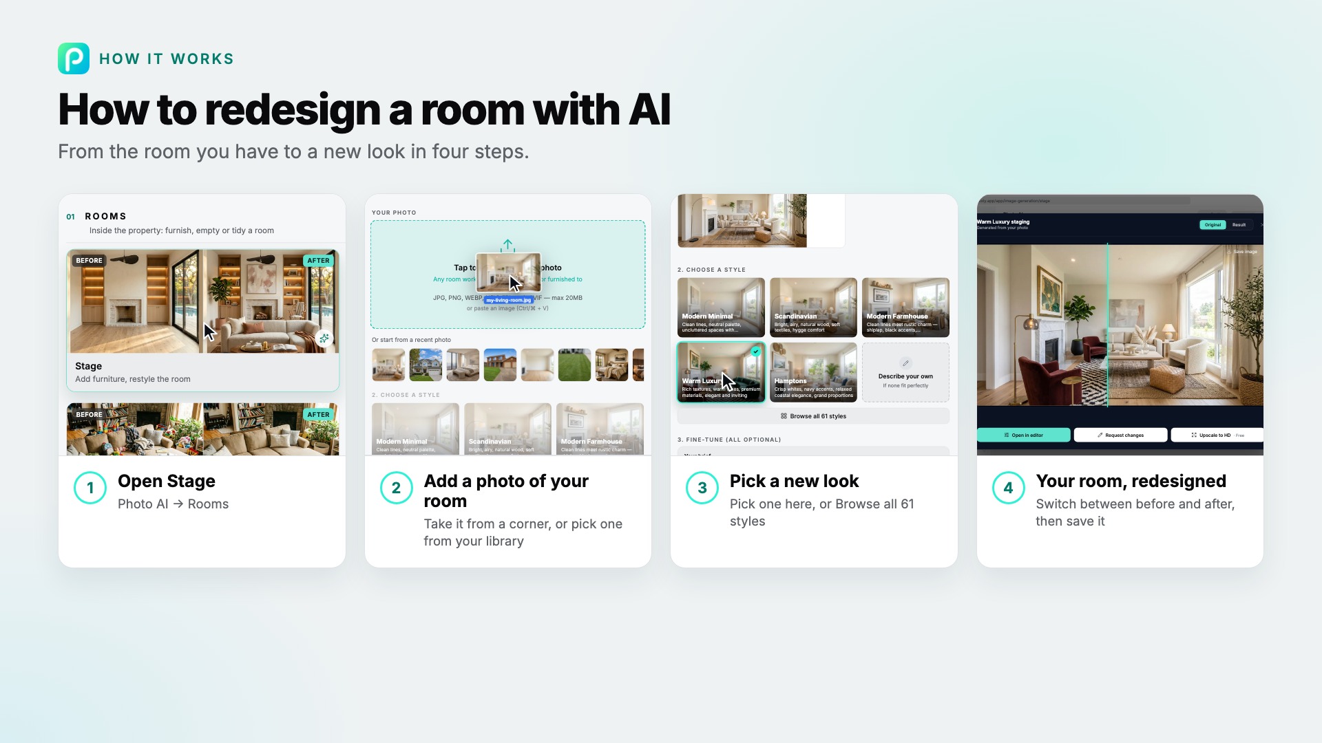 The steps to redesign a room in Pixly, with screenshots of each