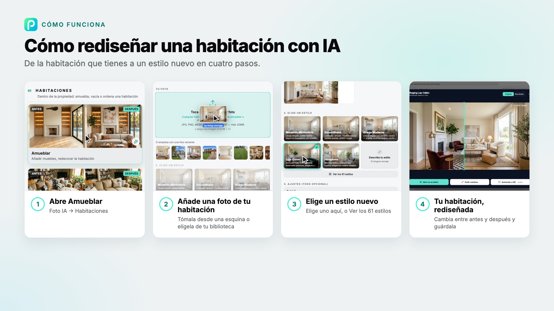 Los pasos para rediseñar una habitación en Pixly, con capturas de cada uno